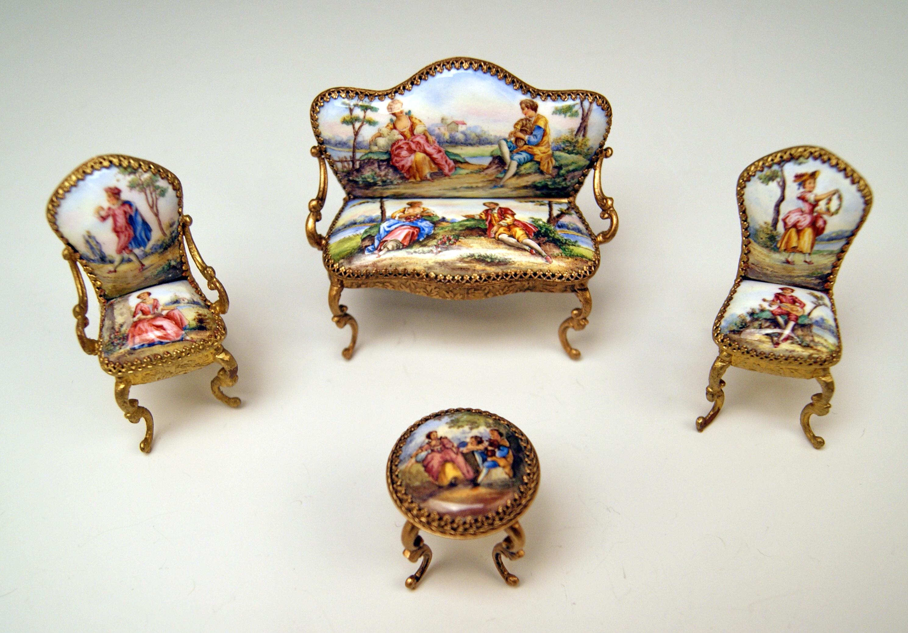 Victorian Vienna Enamel Brass Living Room Furniture En Miniature Bench Stools Table