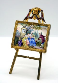 Vienna Enamel Miniature Picture Clock with Watteau Scene, circa 1880