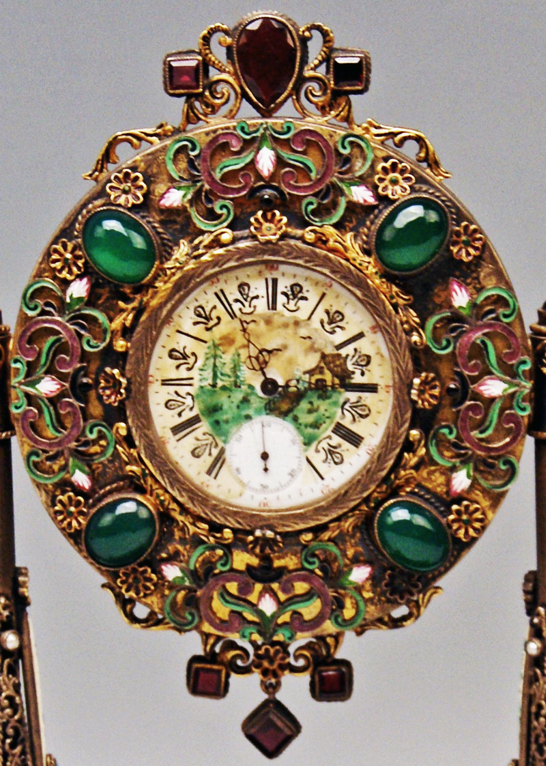 Victorian Vienna Enamel Table Clock Silver Nacre Enamel Onyx Semiprecious Stones For Sale