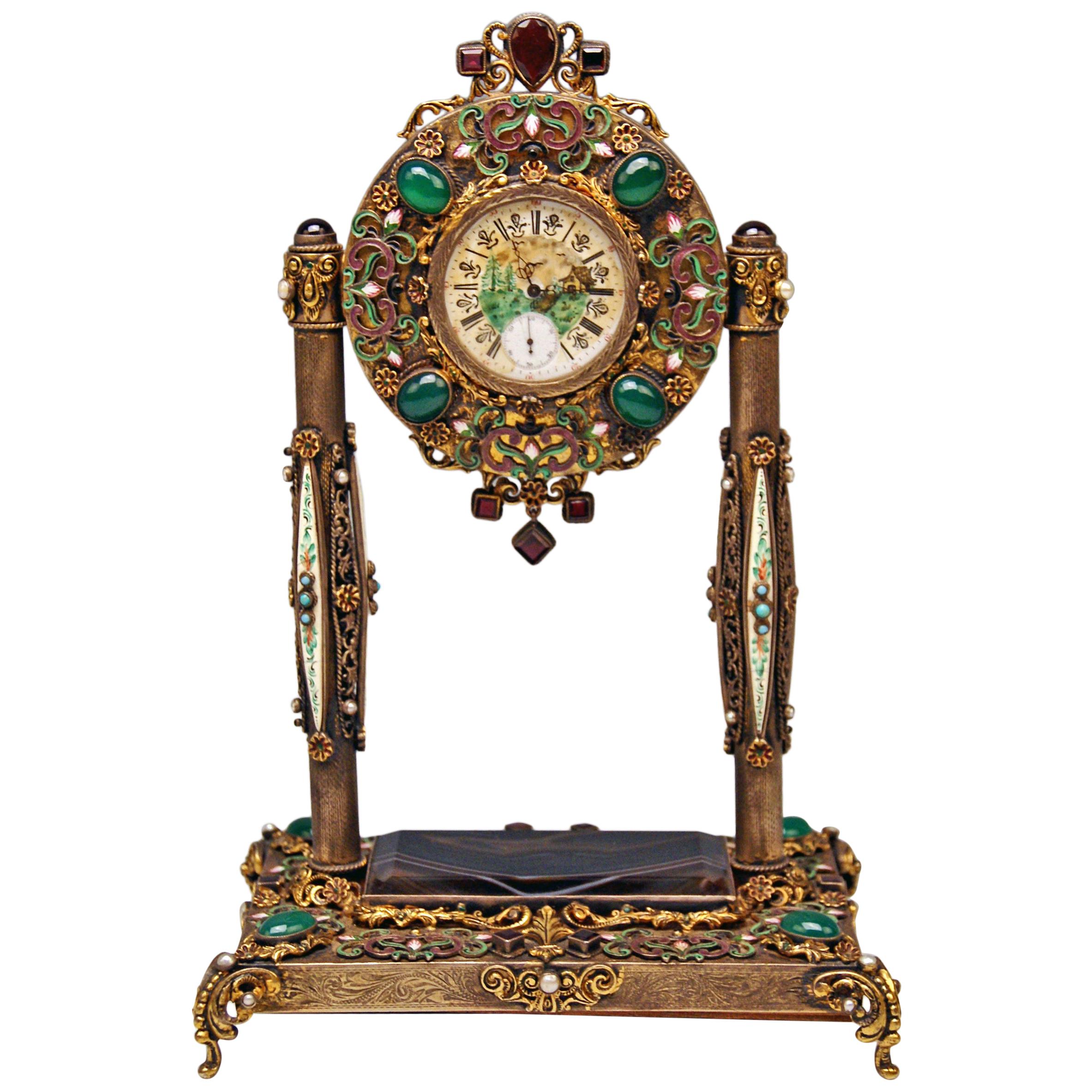 Vienna Enamel Table Clock Silver Nacre Enamel Onyx Semiprecious Stones For Sale