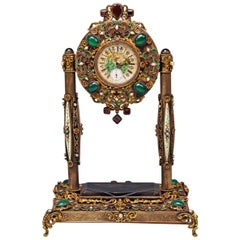 Vienna Enamel Table Clock Silver Nacre Enamel Onyx Semiprecious Stones