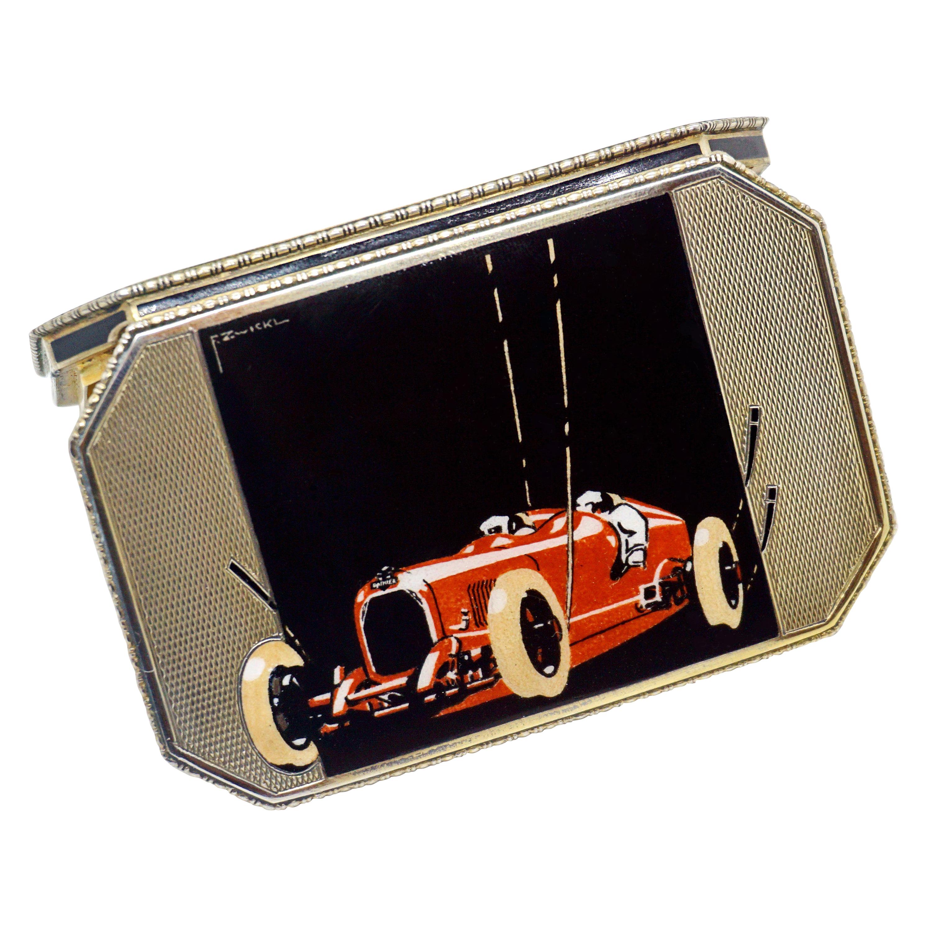 Vienna Enameled Austro Daimler Race Car Silver Cigarette Box F. Zwickl, 1920s