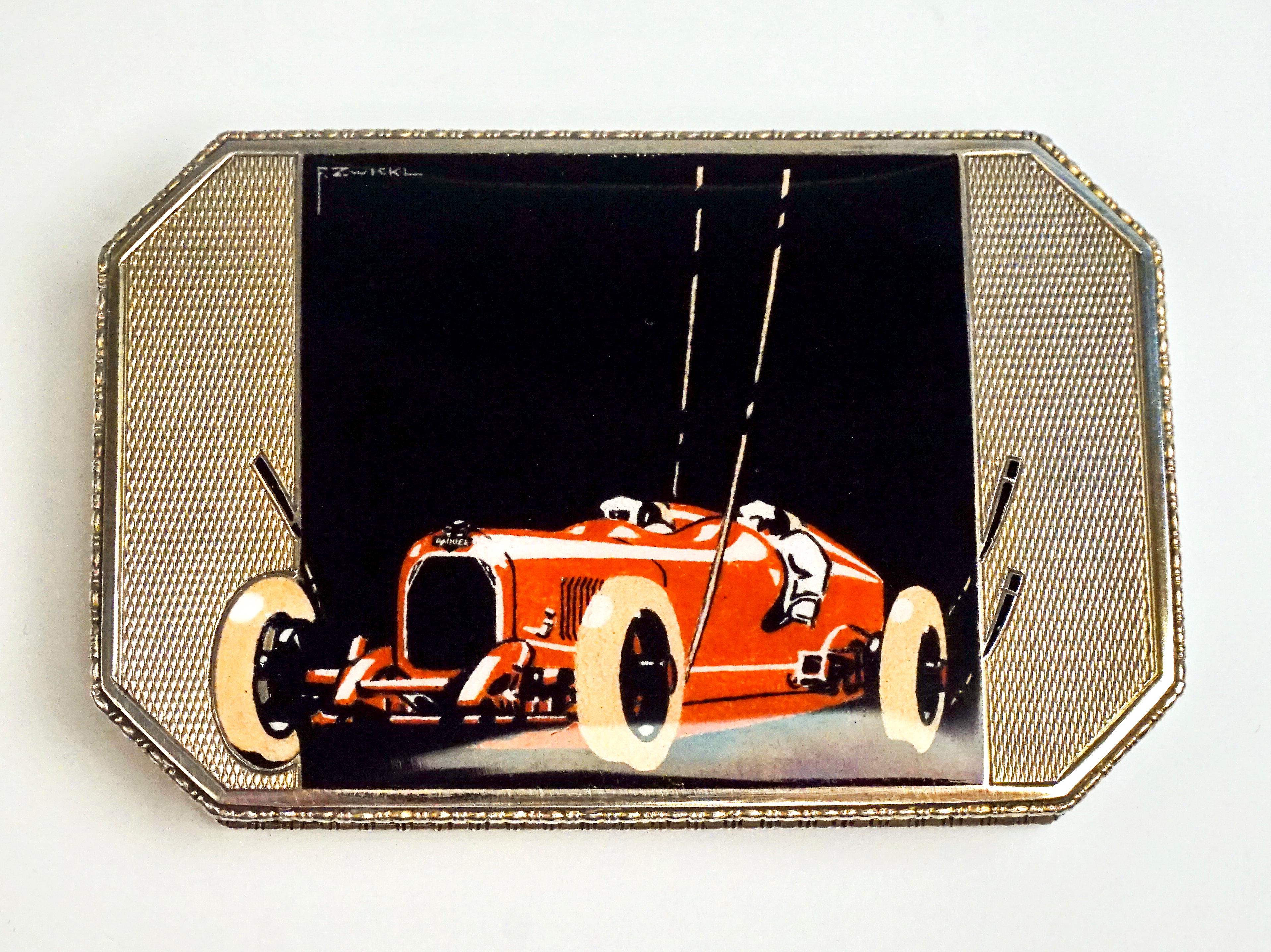 Art Deco Vienna Enameled Austro Daimler Race Car Silver Cigarette Box F. Zwickl, 1920s