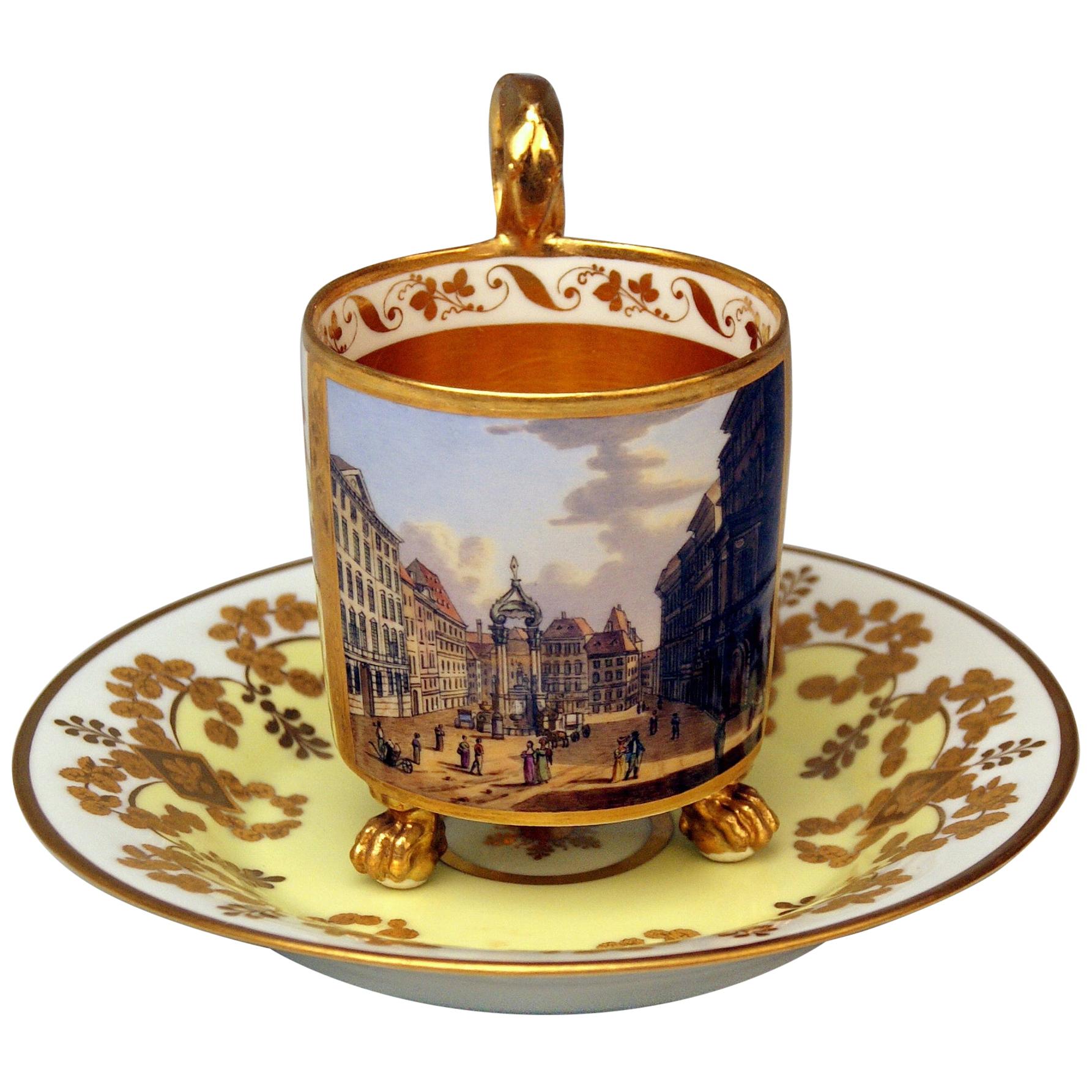 Vienna Imperial Porcelain Cup Saucer Gold Viennese Veduta Hoher Markt, 1815