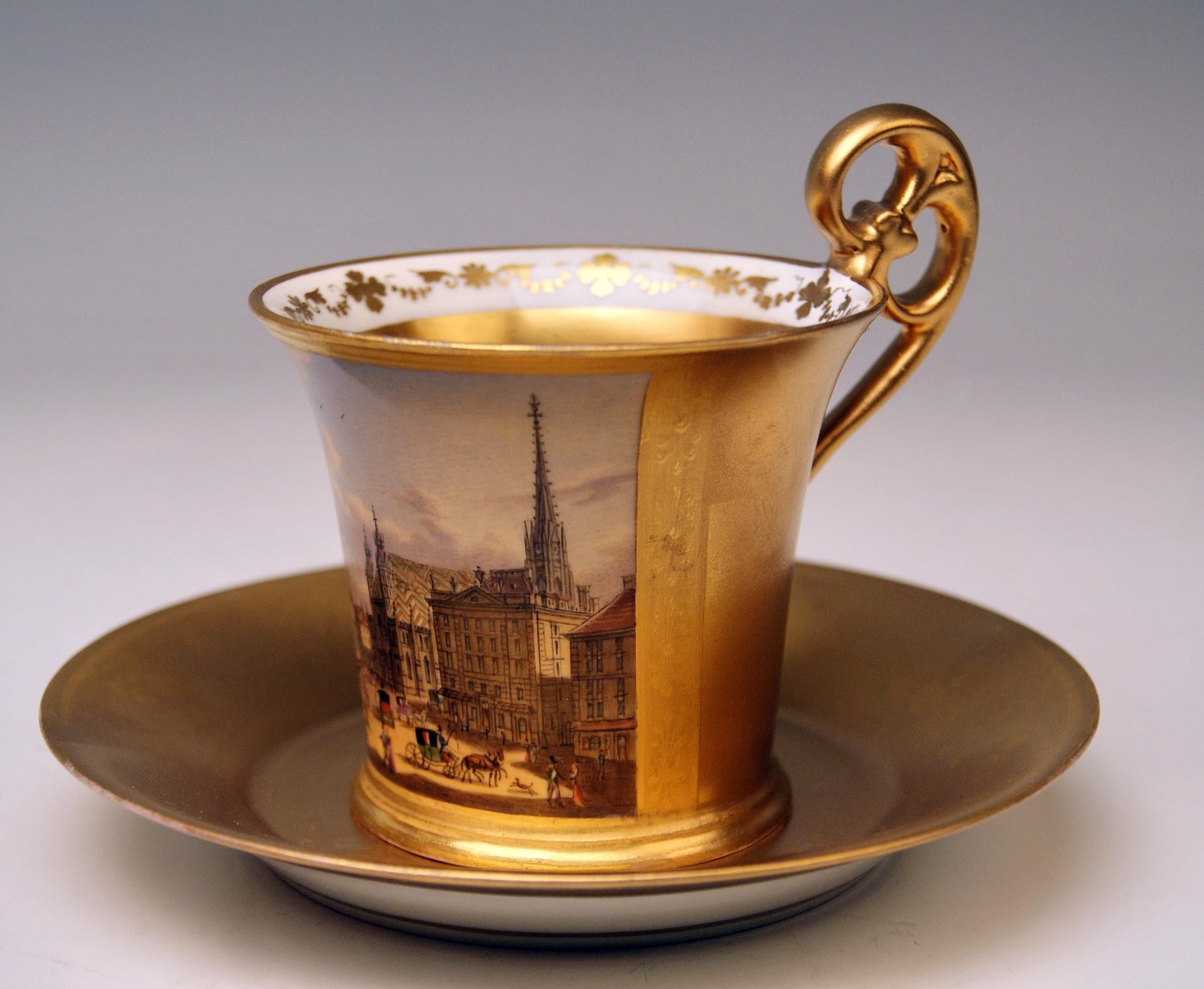 Antique Vienna cup with saucer abundantly painted: Viennese Veduta (stock-im-eisen place)

Vienna / Old Imperial Austrian Porcelain Manufactory (= ALT WIEN / KAISERLICHE PORZELLAN MANUFAKTUR), dated 1822

Hallmarked:
-- Viennese Blue Beehive
