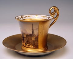 Vienna Imperial Porcelain Cup Saucer Painted Viennese Veduta Golden Shaded 1822