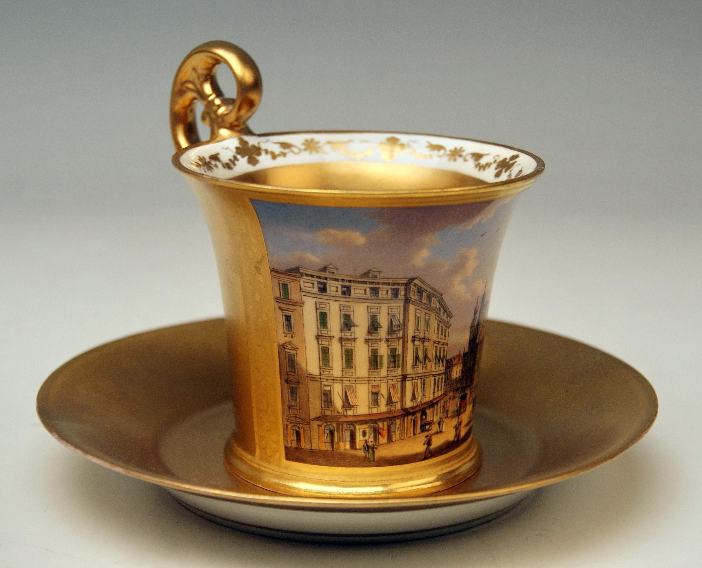 Austrian Vienna Imperial Porcelain Cup Saucer Painted Viennese Veduta Golden Shaded 1822