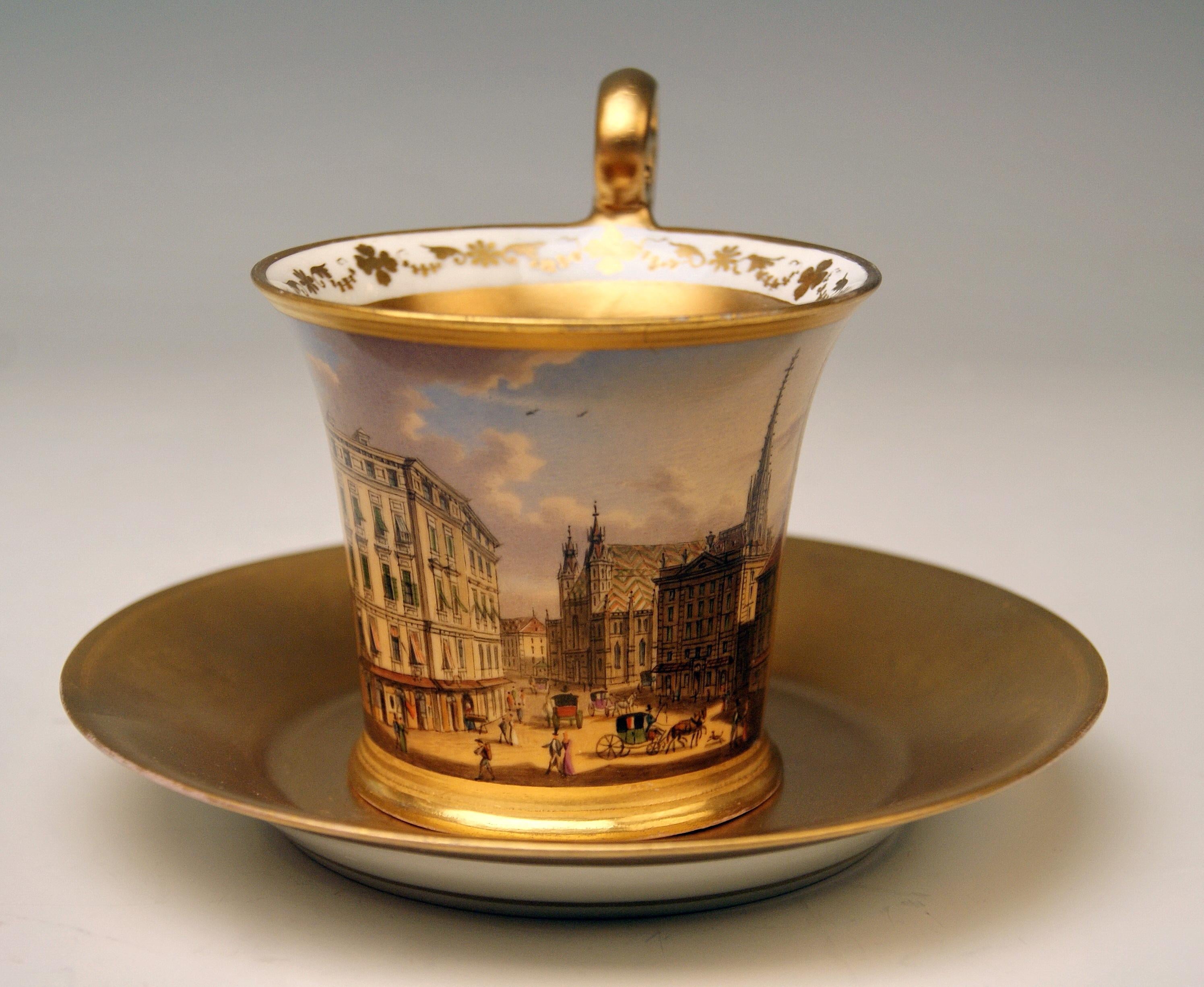 Early 19th Century Vienna Imperial Porcelain Cup Saucer Painted Viennese Veduta Golden Shaded 1822