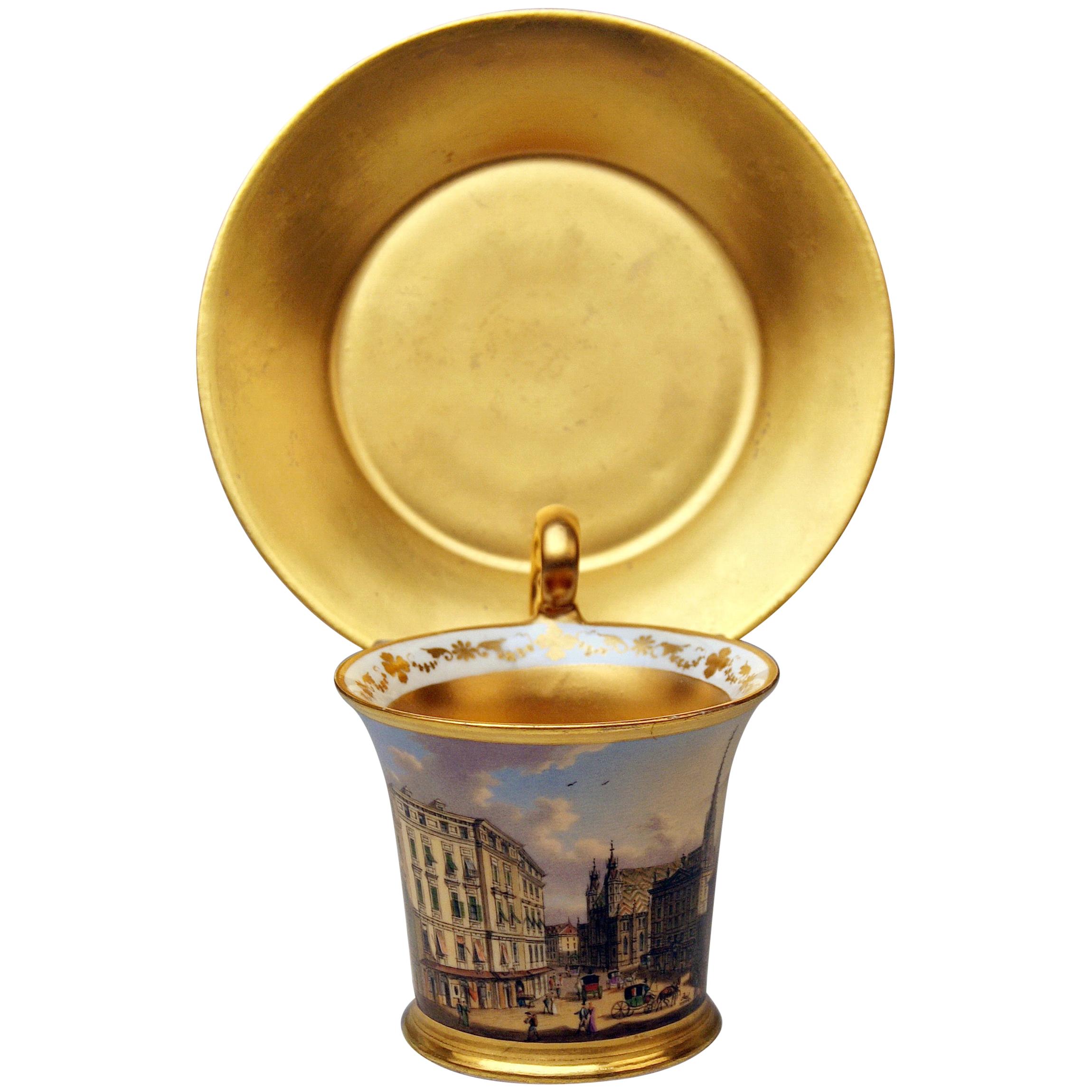 Vienna Imperial Porcelain Cup Saucer Painted Viennese Veduta Golden Shaded 1822