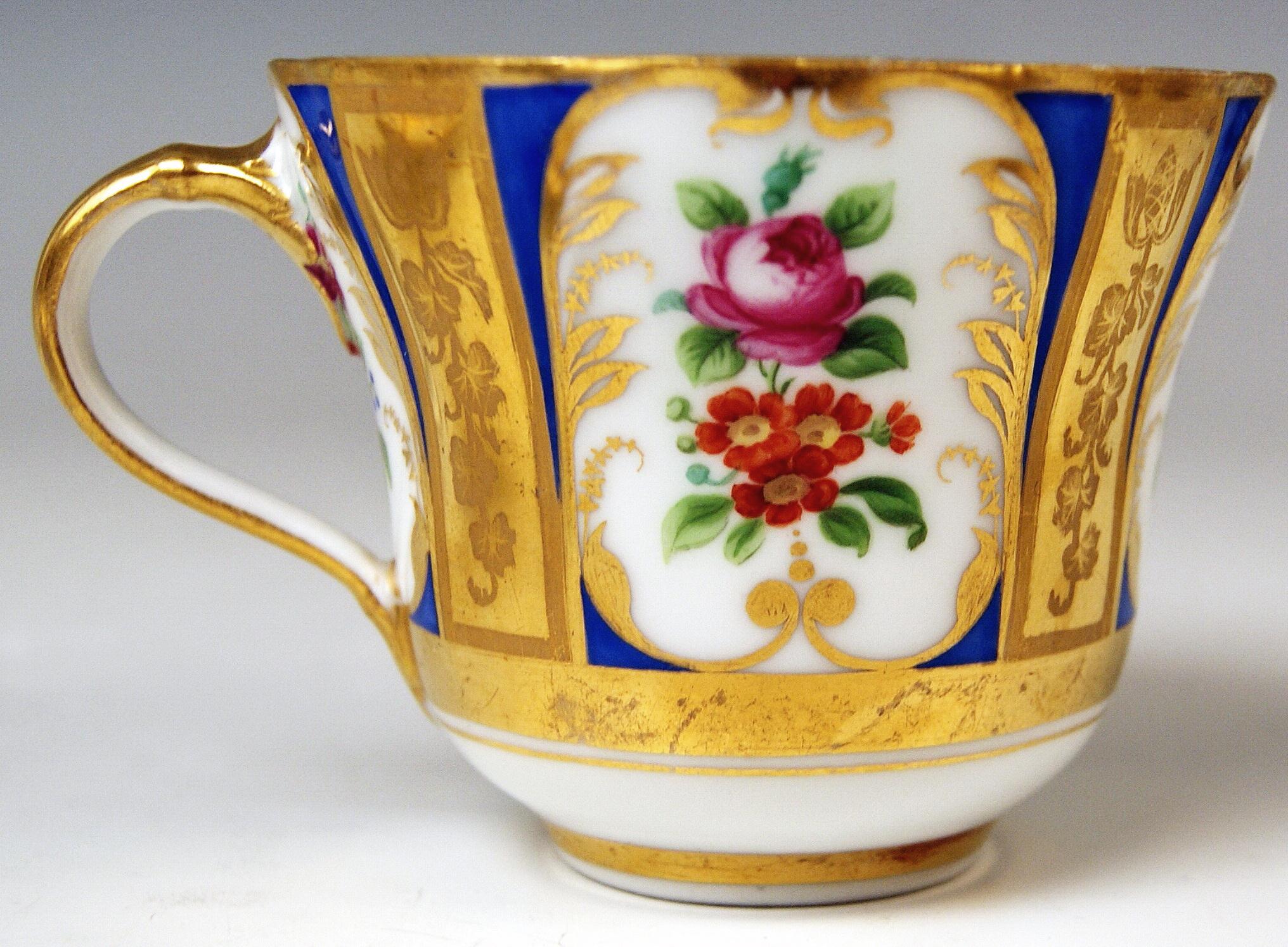 Austrian Vienna Imperial Porcelain Cup Saucer Painted with Flowers Golden Shaded, 1855