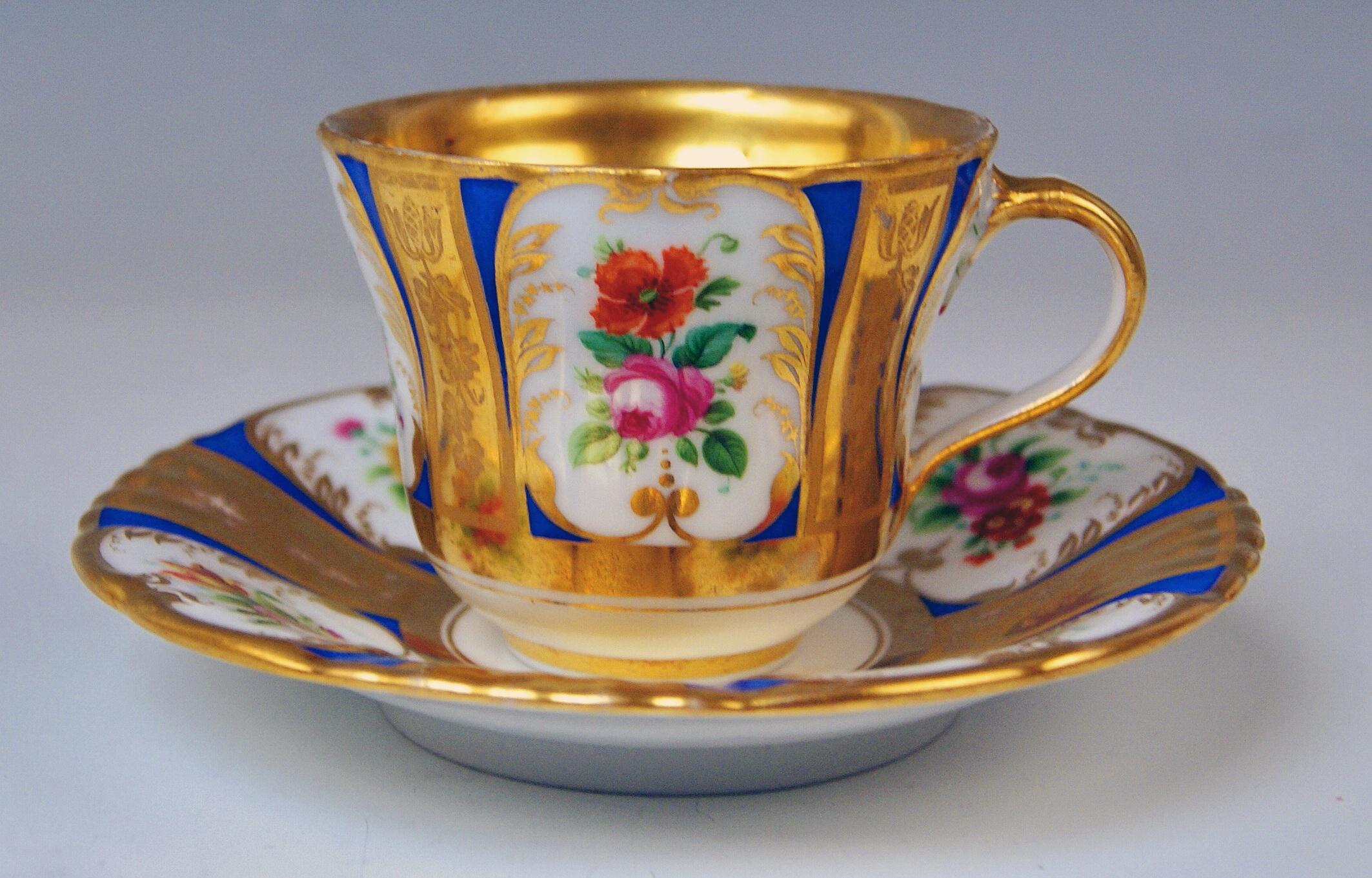 Vienna Imperial Porcelain Cup Saucer Painted with Flowers Golden Shaded, 1855 1