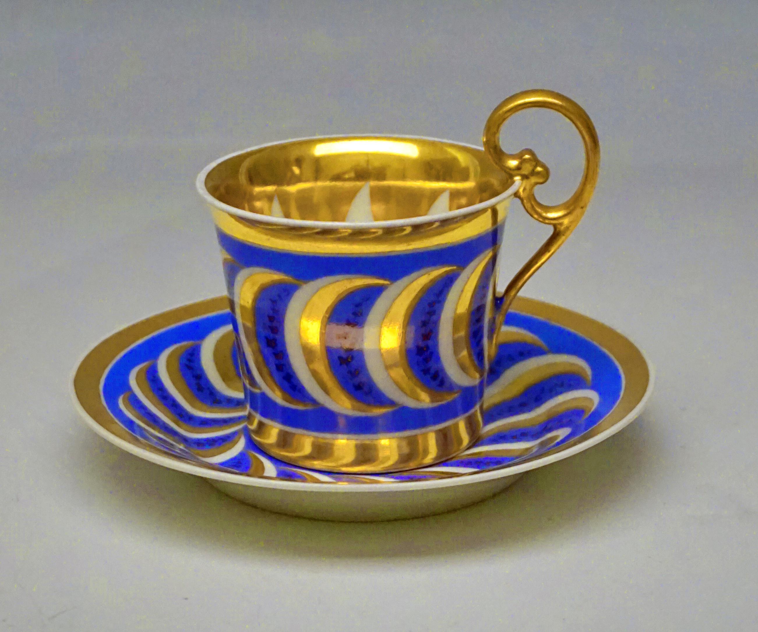 Biedermeier Vienna Imperial Porcelain Cup with Saucer Gold and Blue Hand Painted, 1827