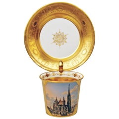 Vienna Imperial Porcelain Golden Cup Saucer Painted Veduta Vienna 1822 and 1838
