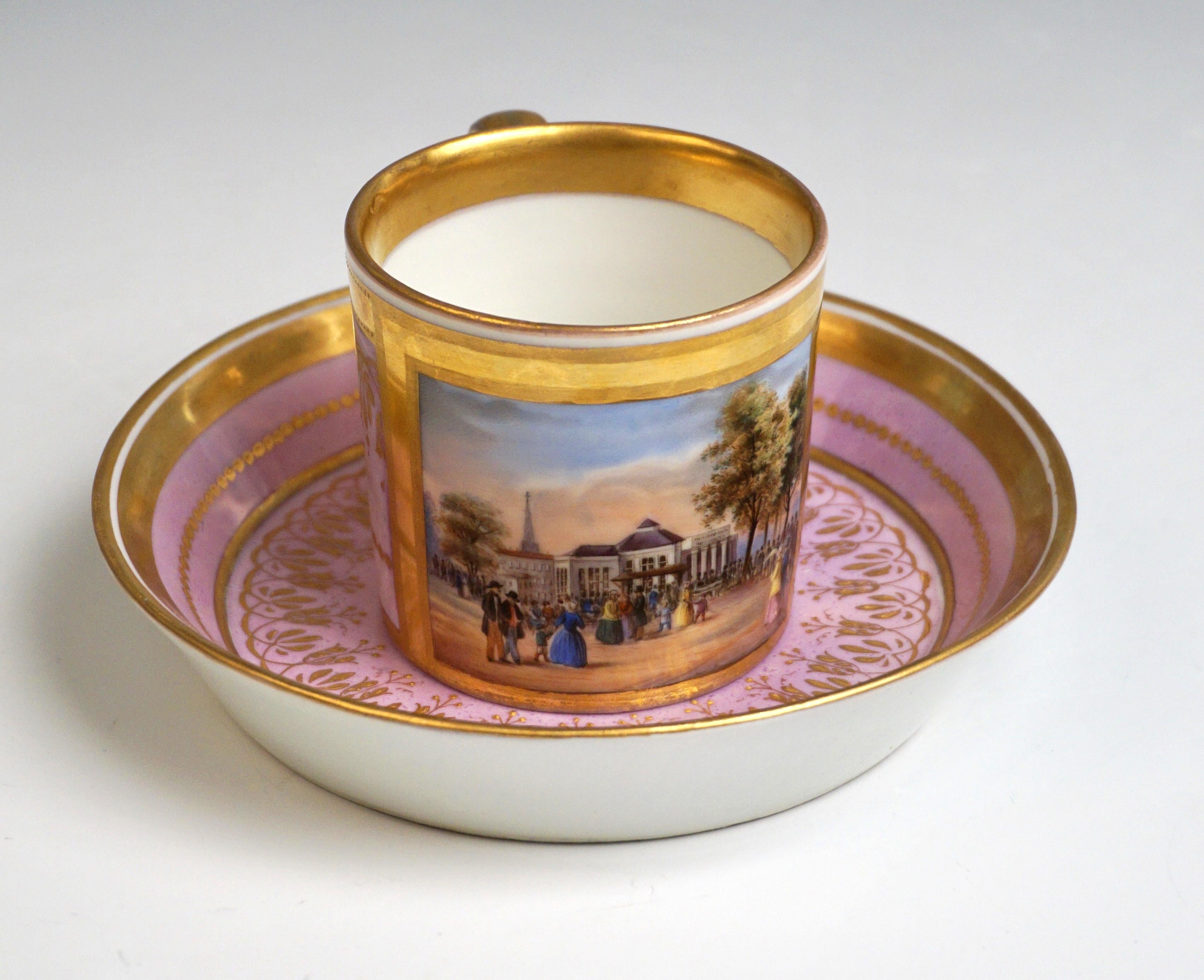 Biedermeier Vienna Imperial Porcelain Veduta Cup with Saucer Gold and Rose Hand Painted 1829
