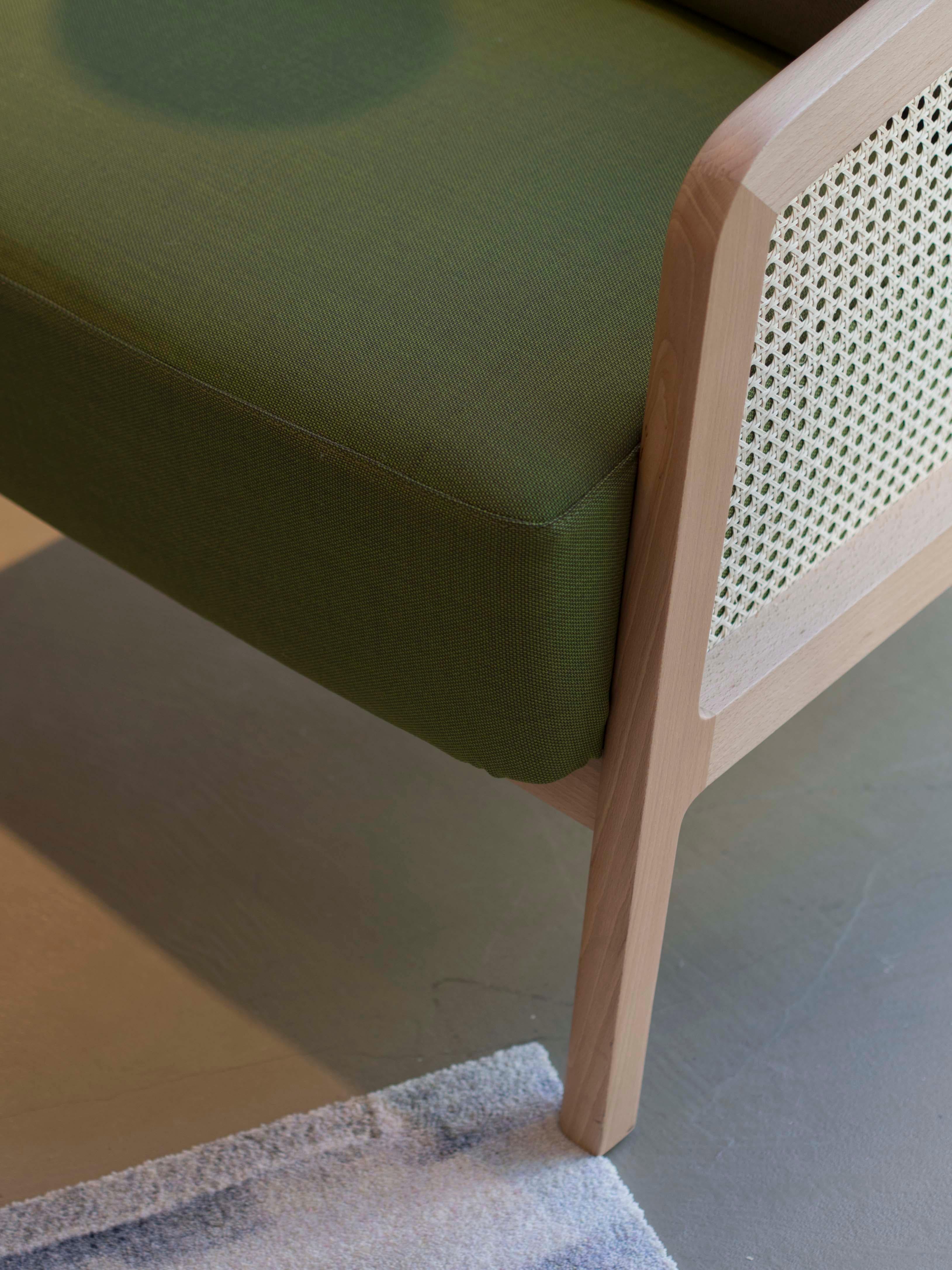 Modern Vienna Lounge Armchair, in natural Beech and straw; Acid Green Upholstered Seat For Sale