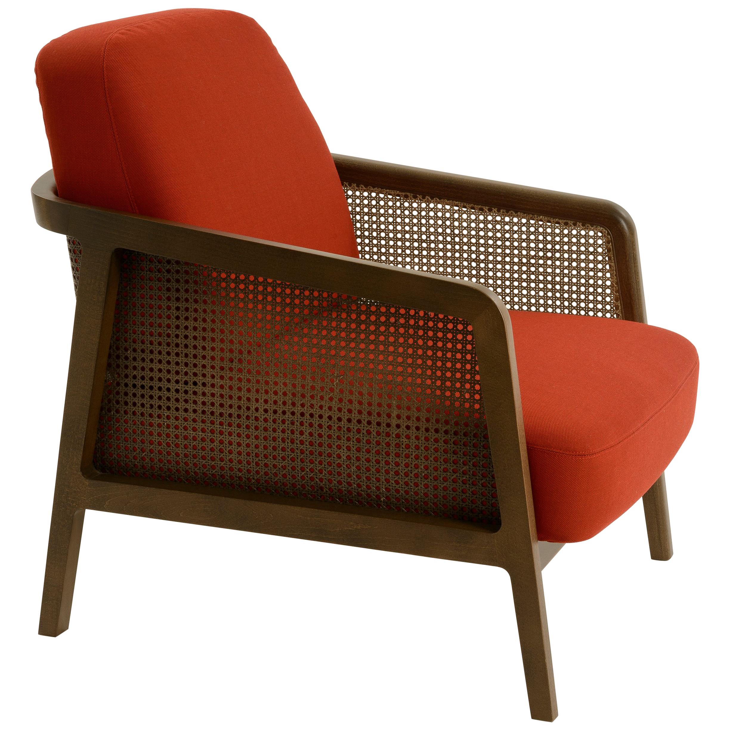 Vienna Lounge in Canaletto Walnut and straw, Red Wool Fabric Upholstered Seat  For Sale