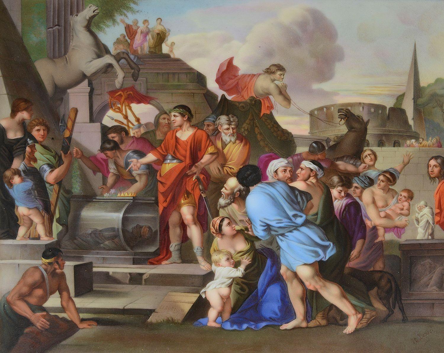 El plato de porcelana de Viena presenta una llamativa representación de Julio César ante la tumba de Alejandro Magno. En la escena central, César aparece en pose contemplativa, rodeado de un grupo de figuras entre las que puede haber consejeros o