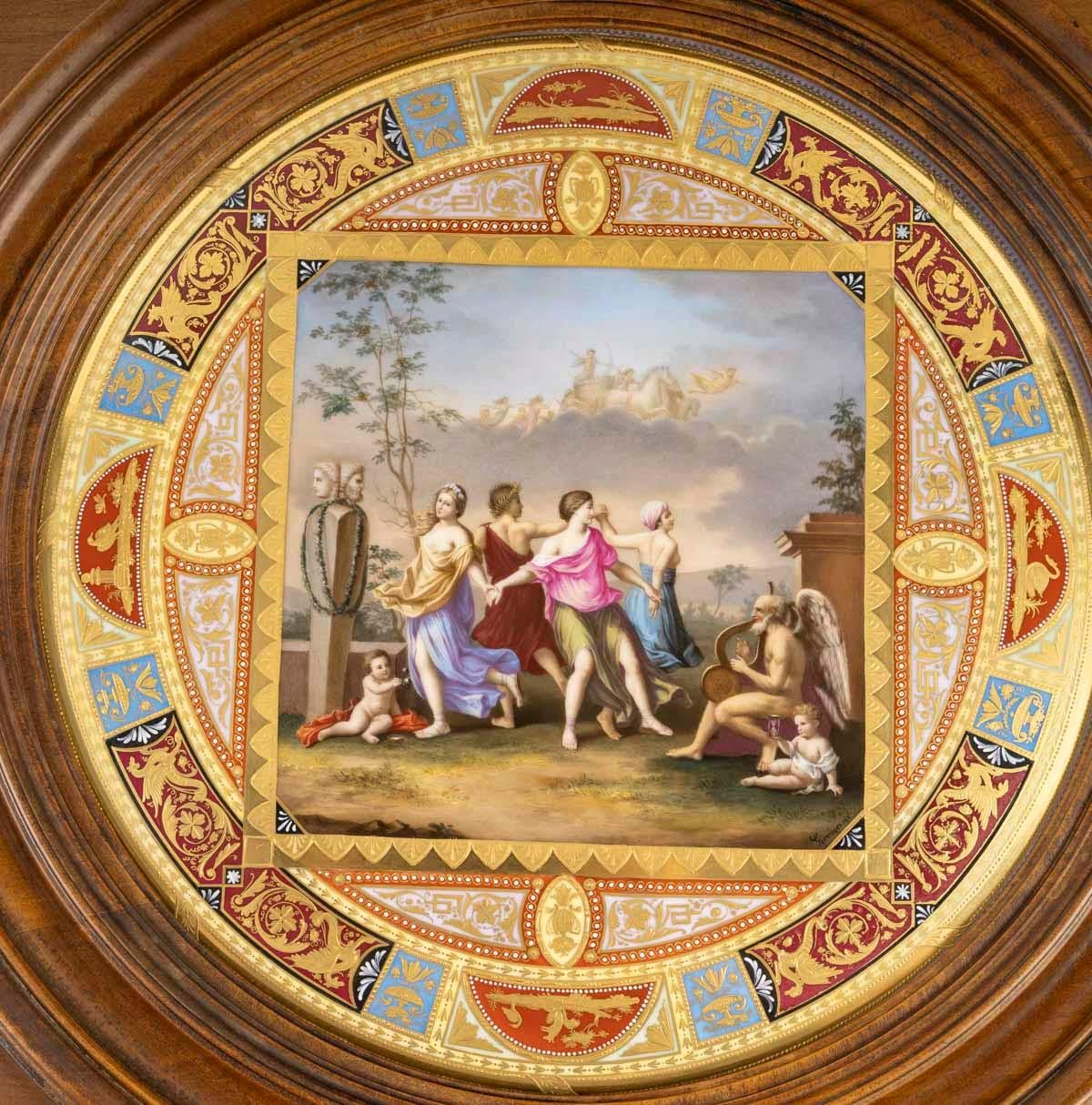 Vienna porcelain plaque in its walnut frame, 19th century.

19th century Vienna porcelain plaque, Napoleon III period, in its walnut frame.
Frame: H: 48cm, W: 48cm, D: 4cm
Plaque: D: 29cm