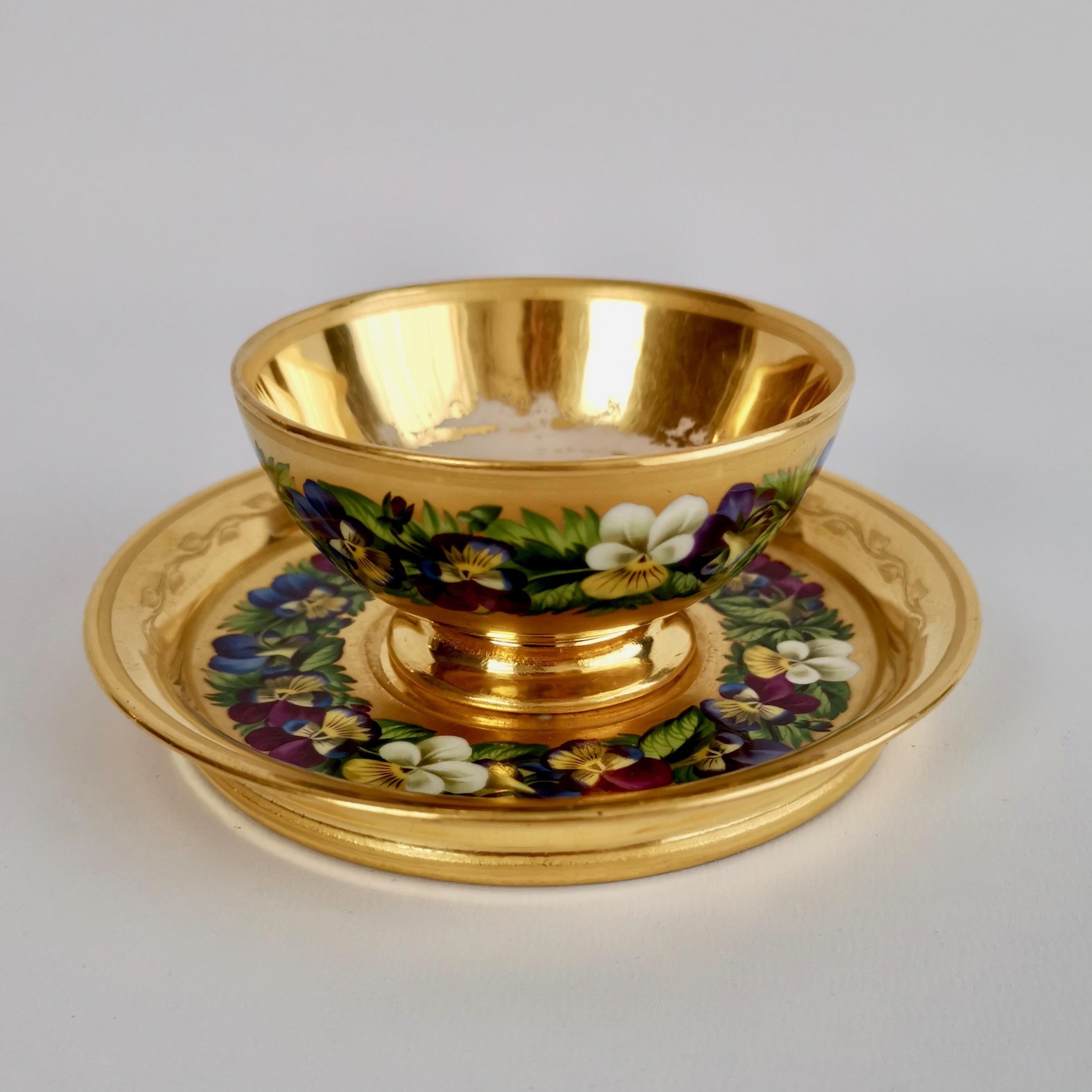 Empire Vienna Porcelain Teacup and Saucer, Gilt and Pansies by Anton Friedl, 1826