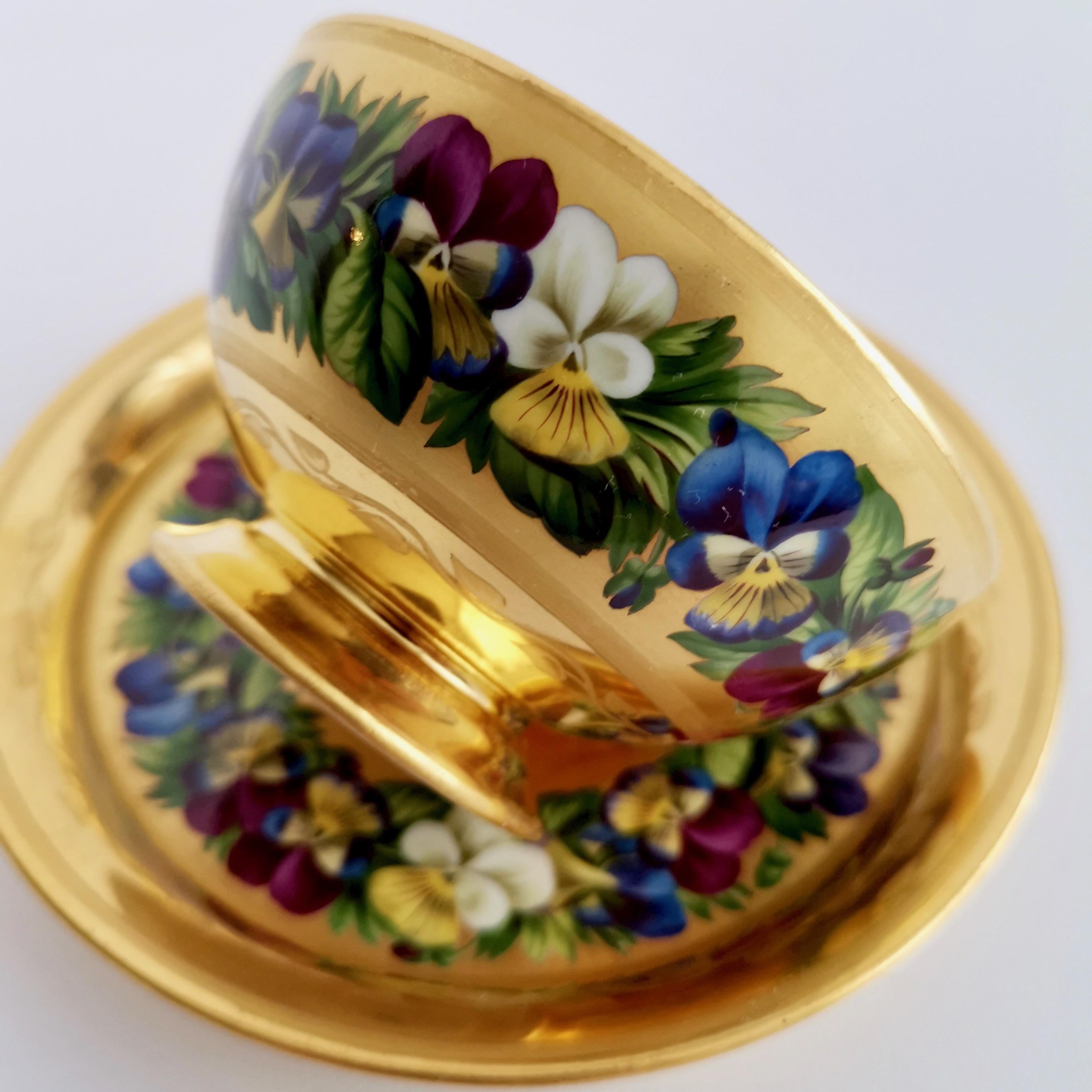 Hand-Painted Vienna Porcelain Teacup and Saucer, Gilt and Pansies by Anton Friedl, 1826