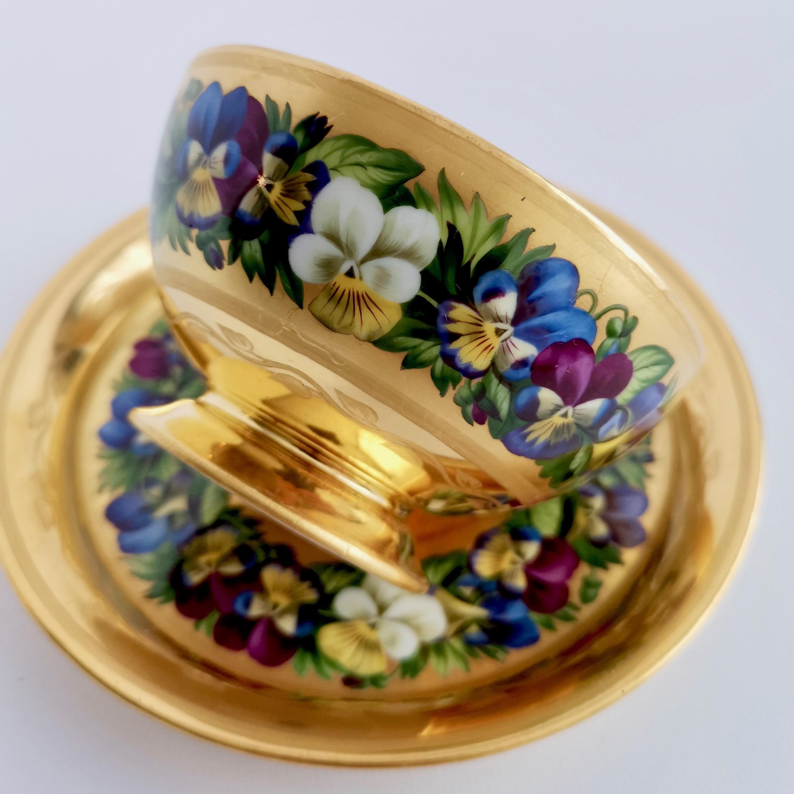 Vienna Porcelain Teacup and Saucer, Gilt and Pansies by Anton Friedl, 1826 In Good Condition In London, GB