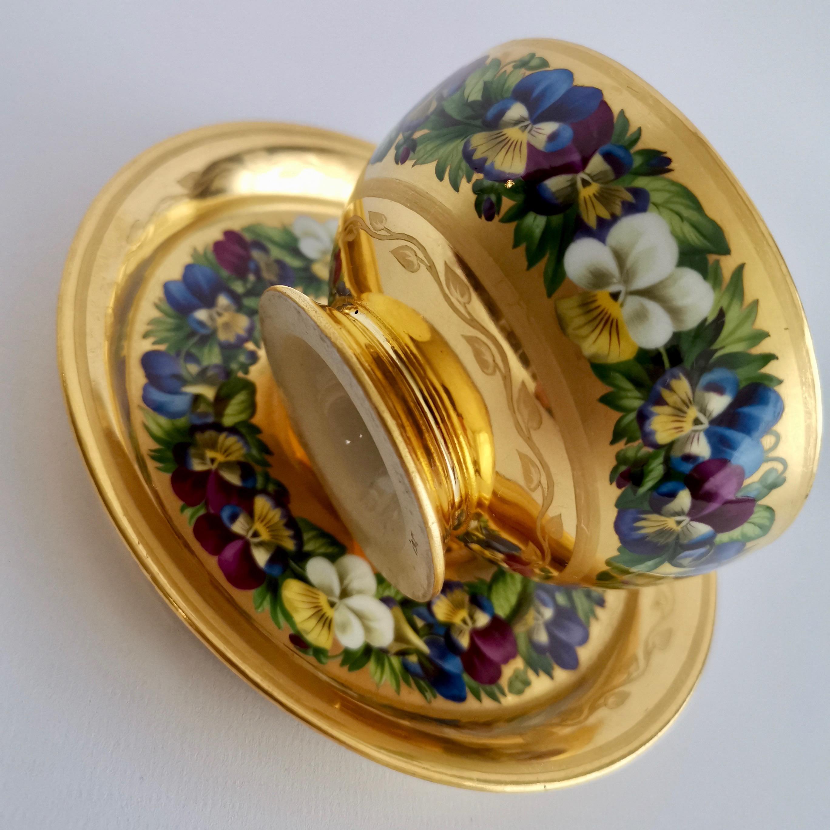 Early 19th Century Vienna Porcelain Teacup and Saucer, Gilt and Pansies by Anton Friedl, 1826