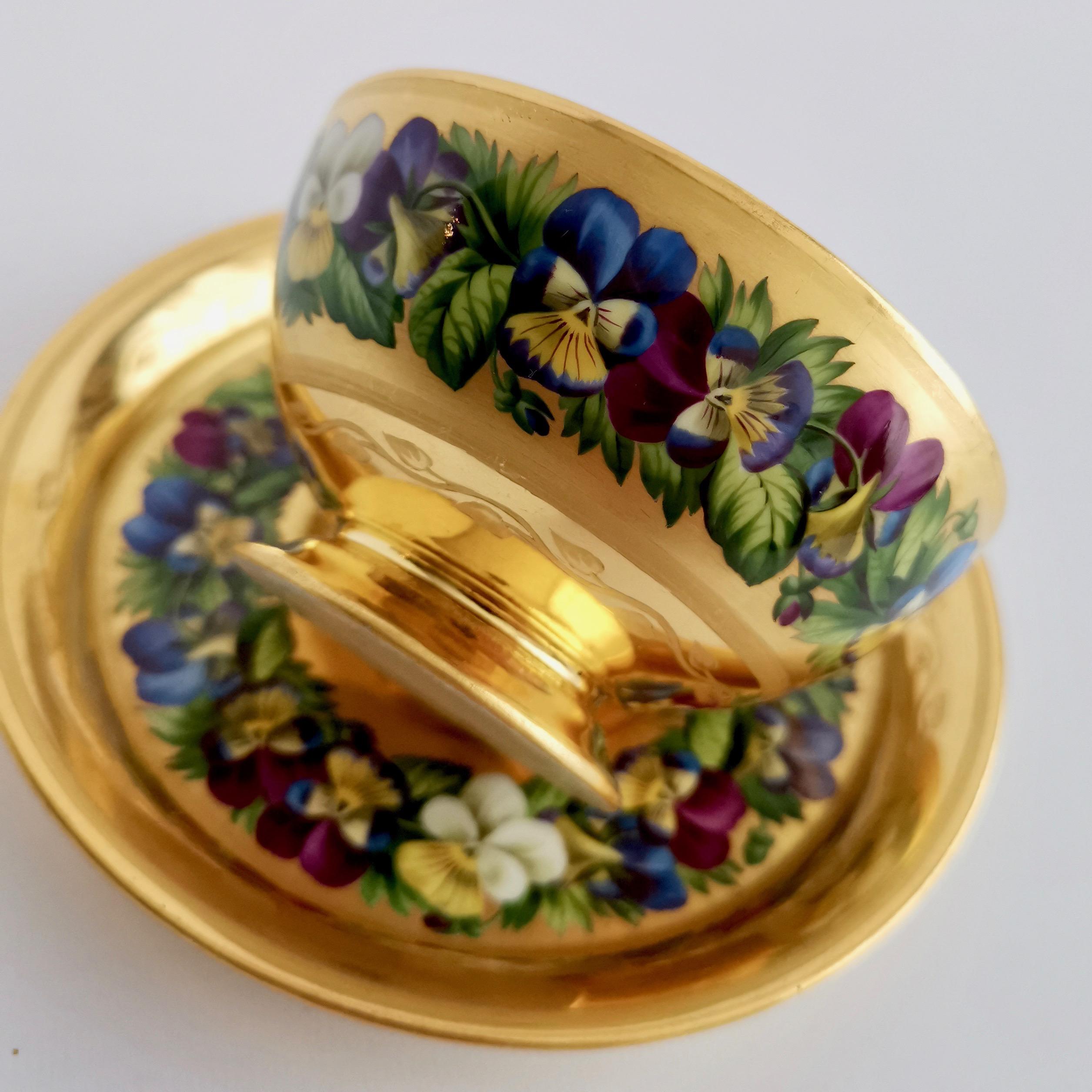 Vienna Porcelain Teacup and Saucer, Gilt and Pansies by Anton Friedl, 1826 1