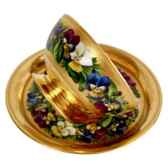 Vienna Porcelain Teacup and Saucer, Gilt and Pansies by Anton Friedl, 1826