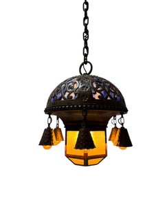 Vienna Secession Art Nouveau Chandelier, Brass & Blue Glass, 1900s