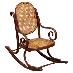 Vienna Secession Bent Oak & Cane Scrolling Children Sized Rocking Chair, Thonet