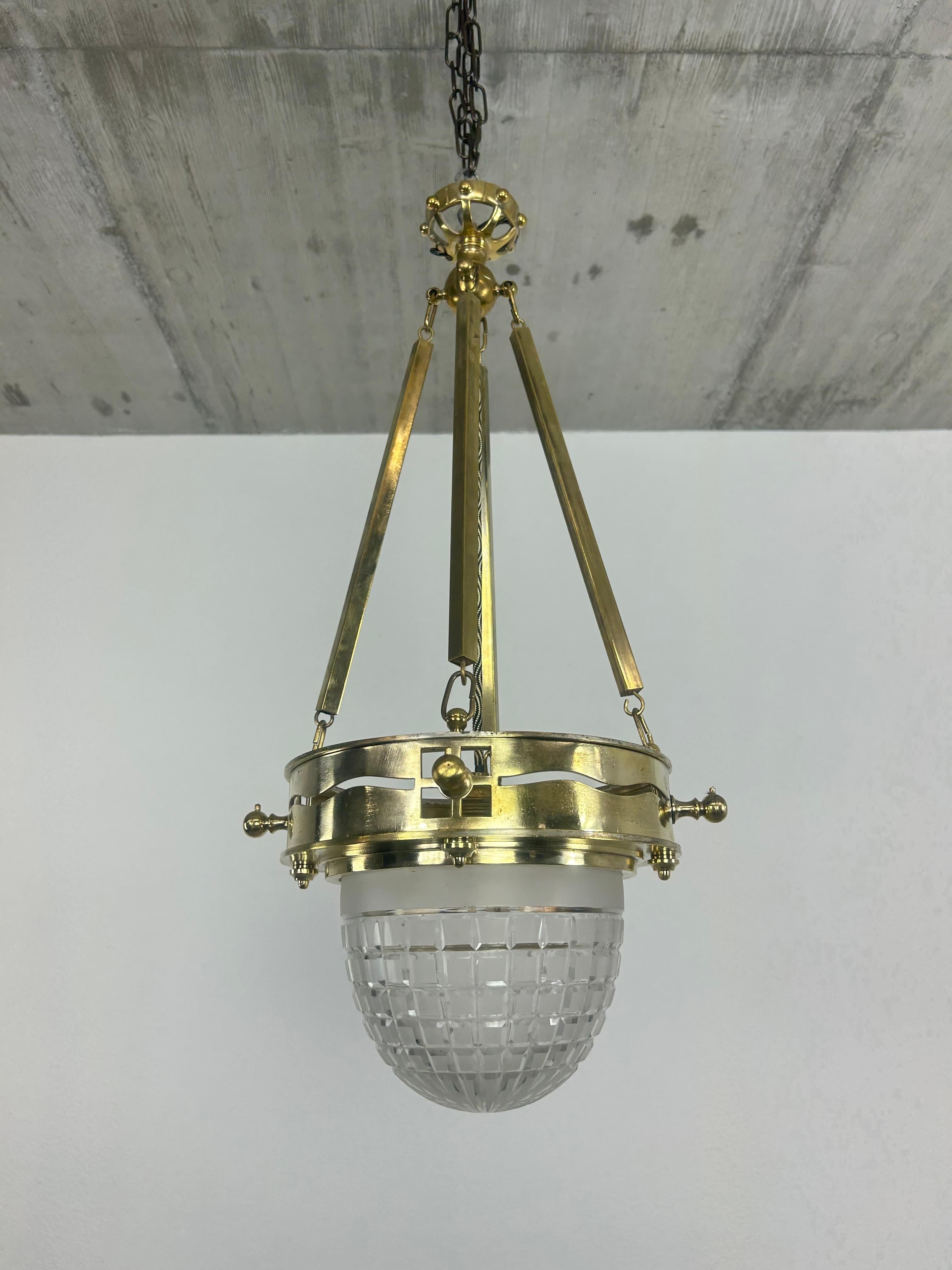 Vienna Secession Brass Hanging attr. to Kolo Moser & Jutta Sika. Professionally stained, rewired. Two small chips on glass, not visible when mounted.
