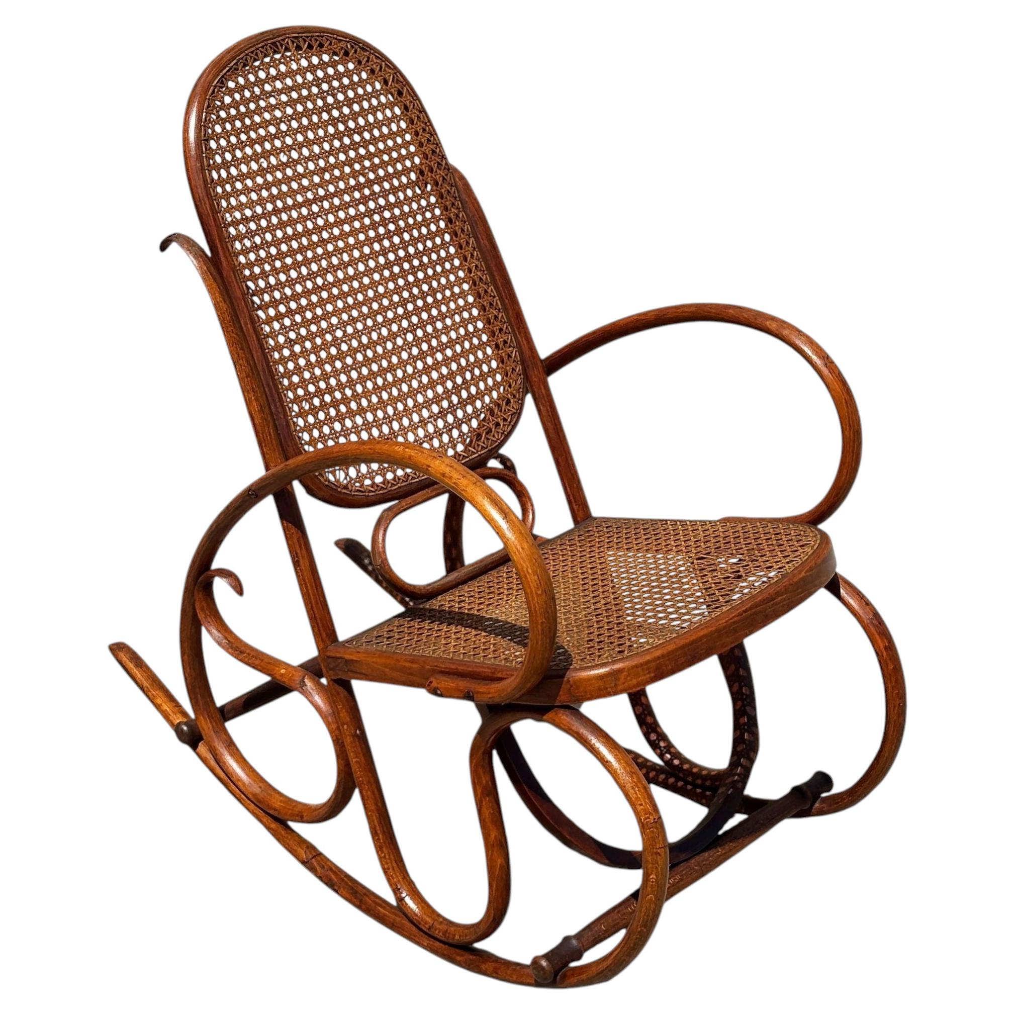 Vienna Secession Cane & Bent Oak Scrolling Children Sized Rocking Chair, Thonet