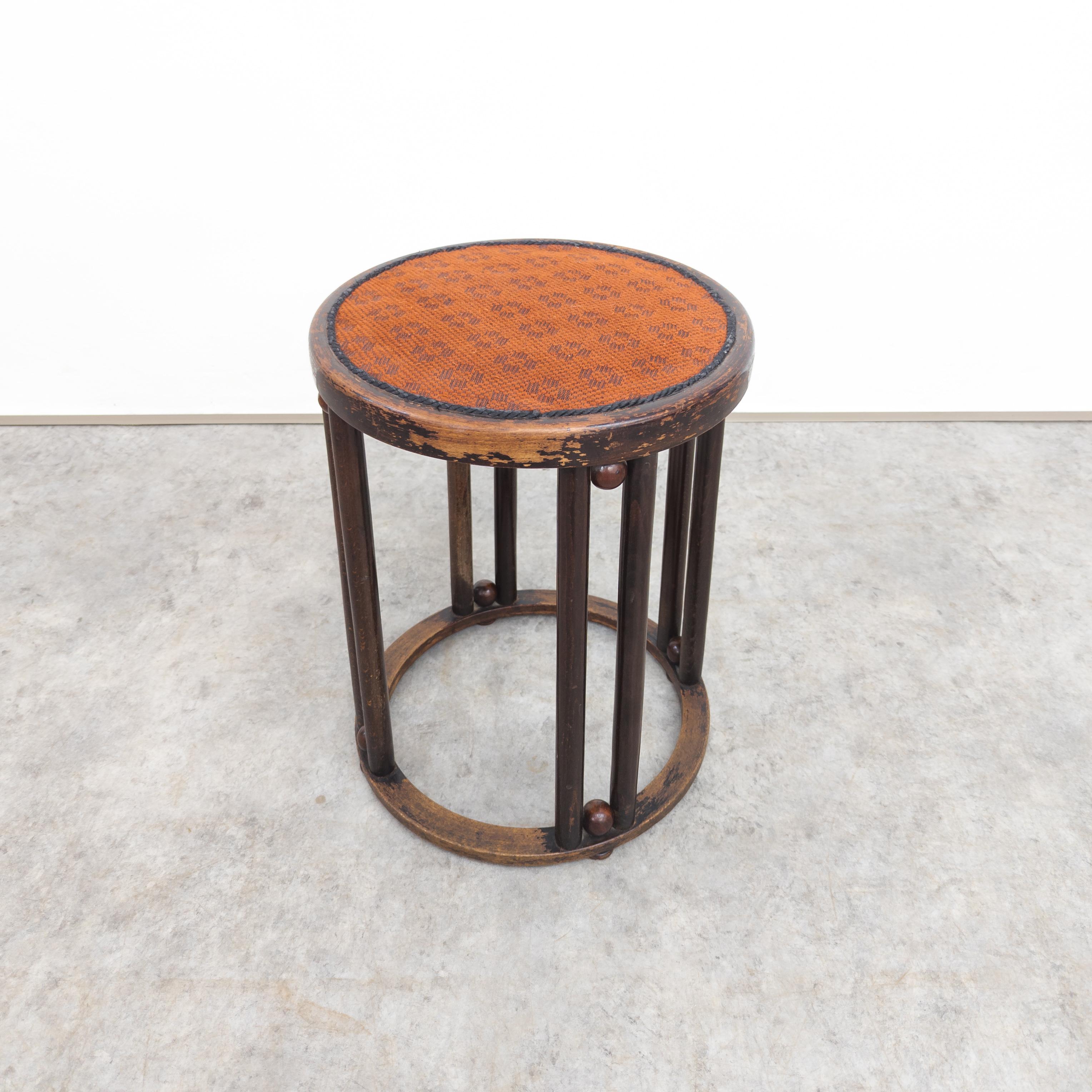 Rare stool from famous set of furniture designed by Josef Hoffmann for Viennese cabaret Fledermaus in 1905. Executed by J&J Kohn, Vienna under catalogue number 728/S. In original condition with traces of wear and age on the wooden parts, fabric