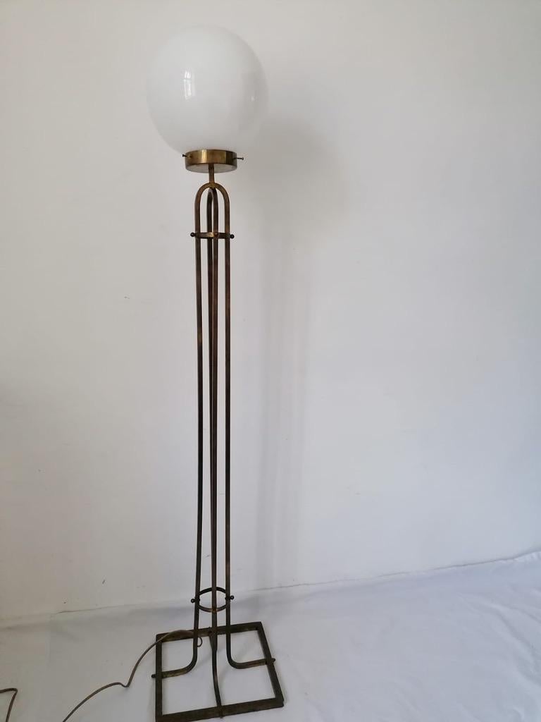 Brass foot with opaline glass globe shade fitted with one E27 socket
Designed about 1910 by Adolf Loos made by Lobmeyr, about 1970s.
Patina on brass food.