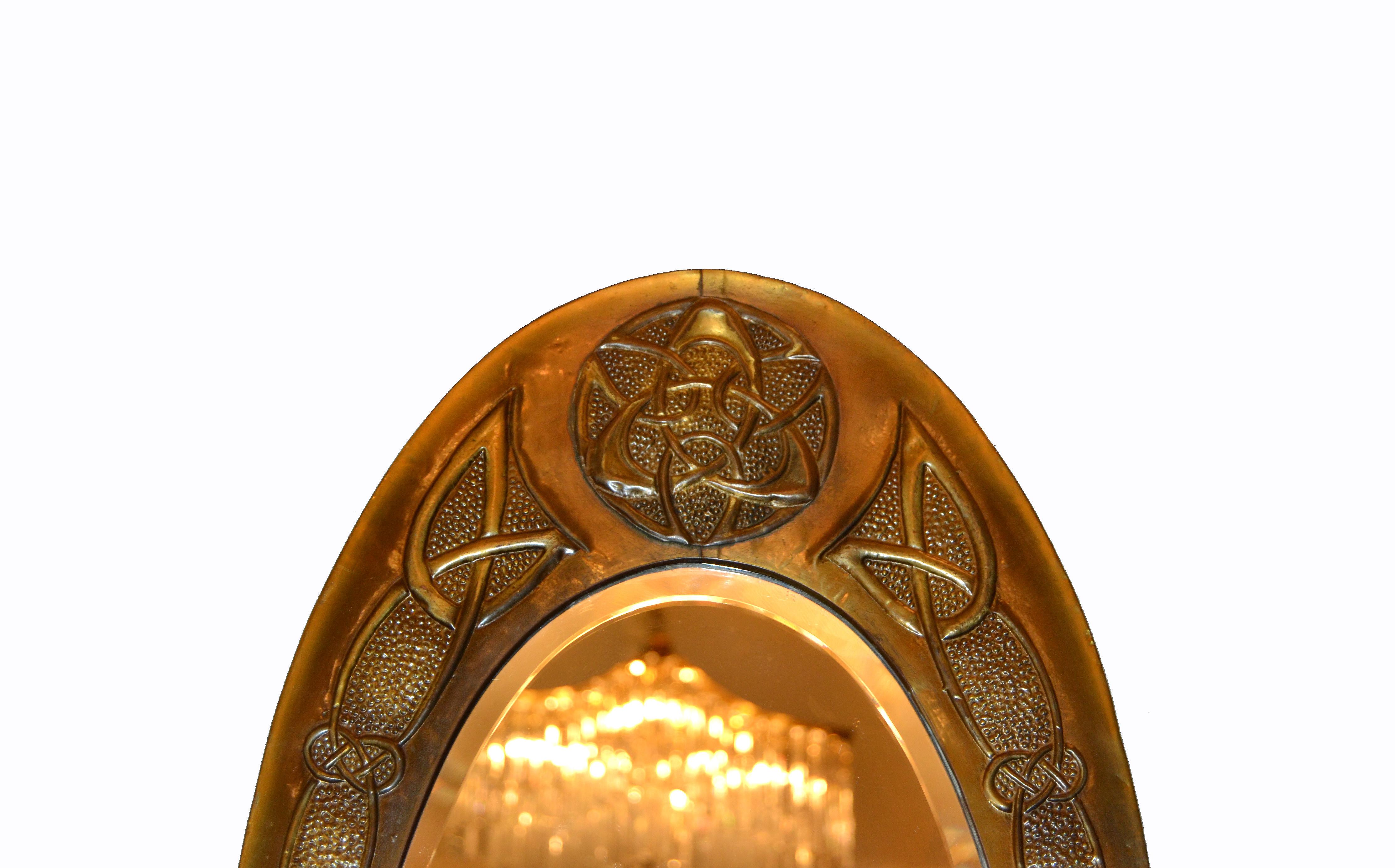 British Arts and Crafts Celtic Knot Design Oval Bronze Wall Mirror from United Kingdom 