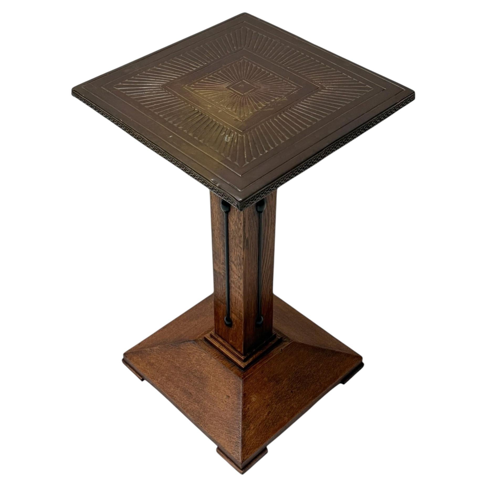 Vienna Secession Pedestal in Oak with Patinated Brass Top, 1900s