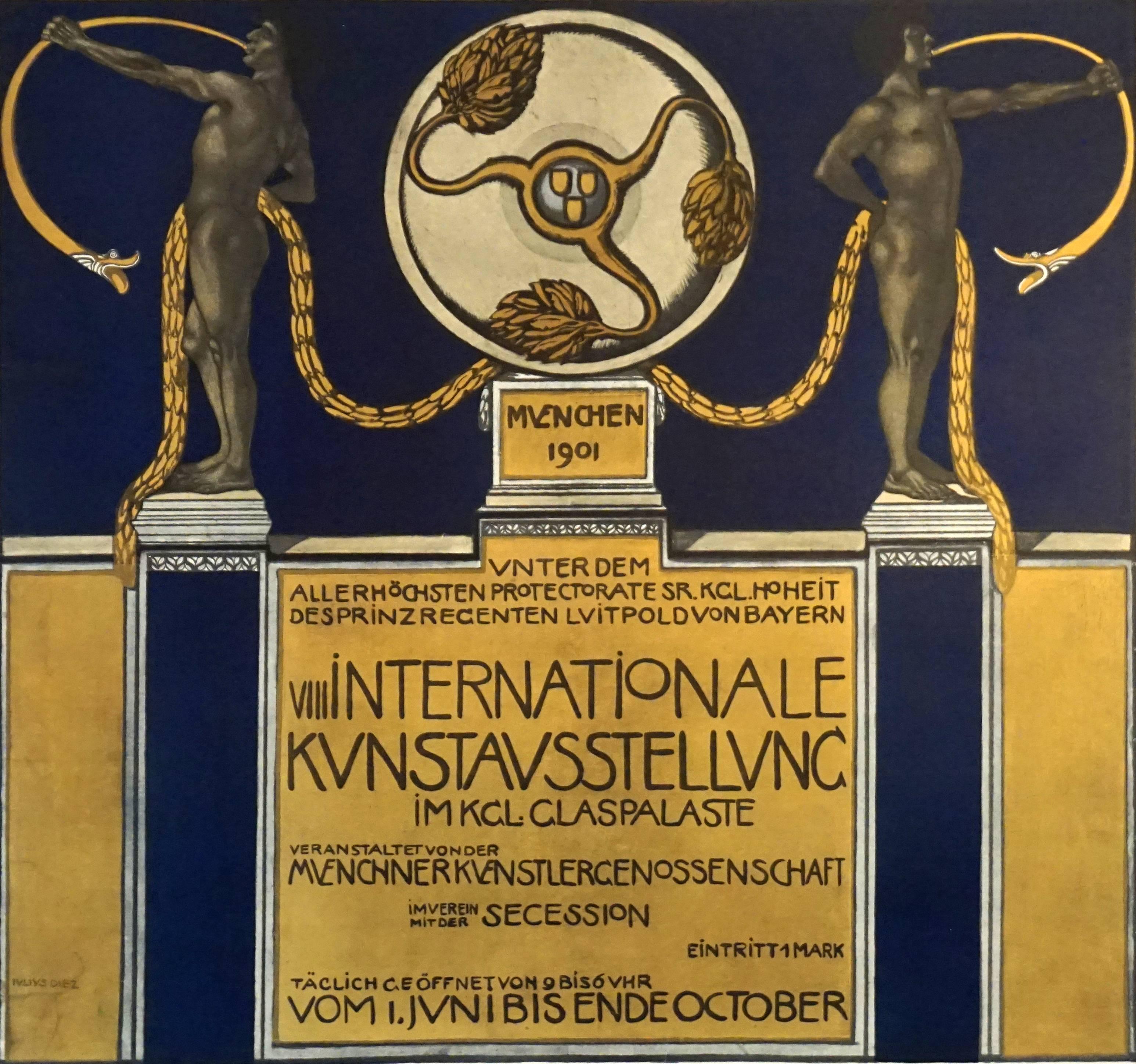 This is a rare and exquisitely made Vienna Secession period exhibition poster for Internationale Kunstausstellung by Julius Diez, 1901. The poster announces an International Art Exhibition, in October 1901, Munich, and gives various details about
