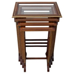 Antique Vienna Secession Set of Side Tables Glass Plates Brass Inlays Art Nouveau, 1900