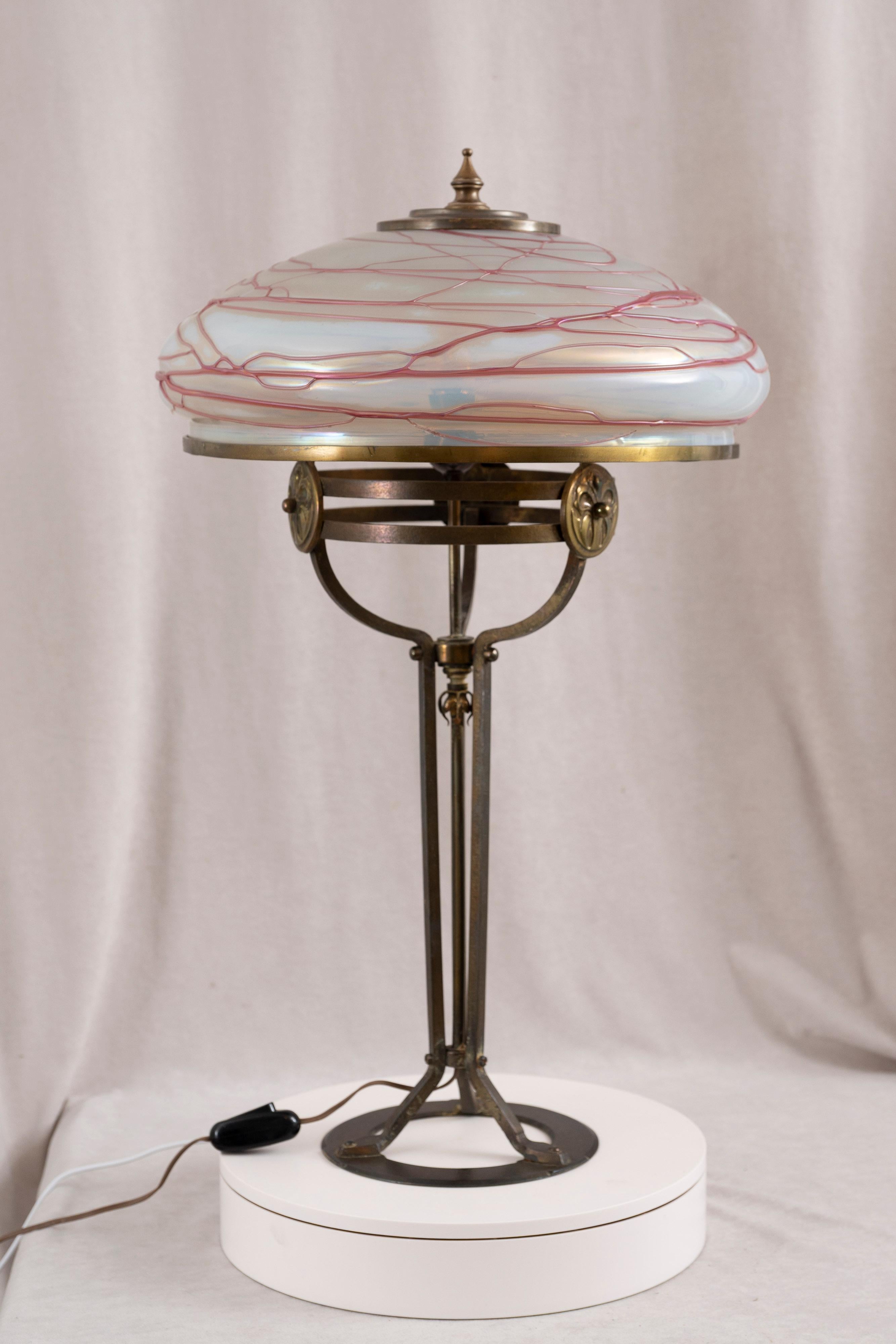 Iron Vienna Secessionist/Arts & Crafts Table Lamp, Attr. Loetz, ca. 1910 For Sale