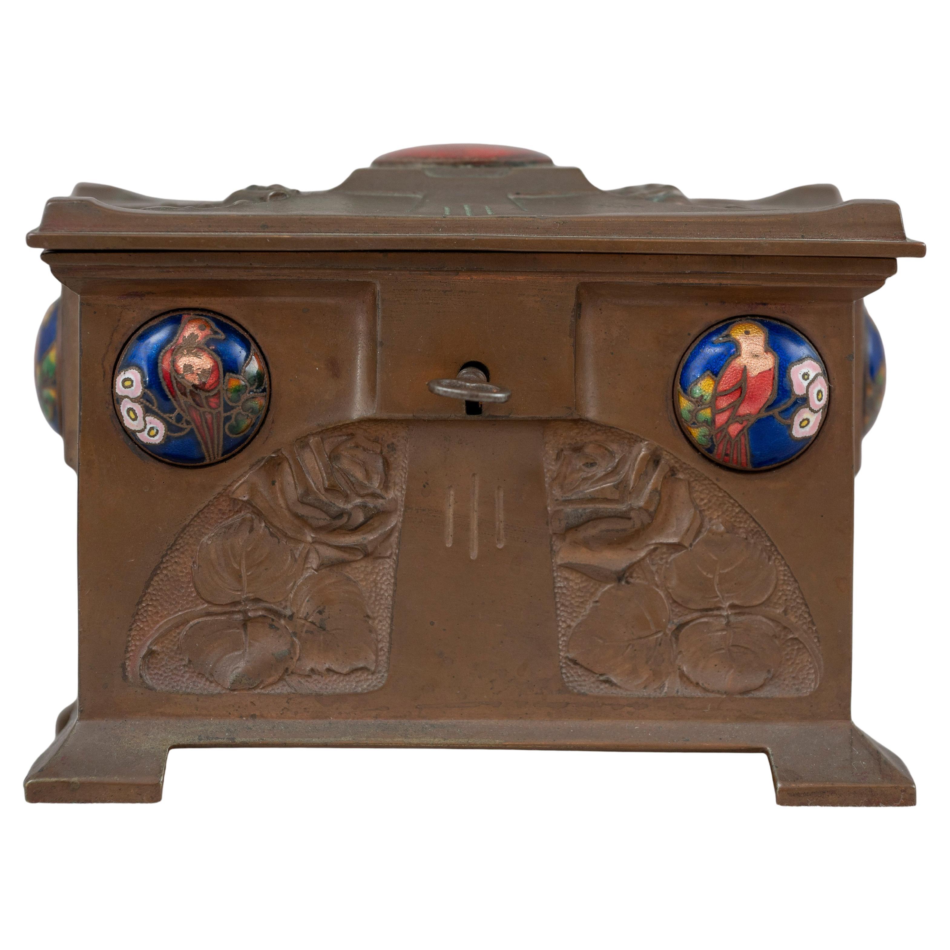 Vienna Secessionist Bronze Box w/ Enameled Colorful Cabochons, Birds & Flowers