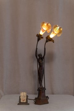 Vienna Secessionist Figural Lamp, Maiden w/Crown Holding 2 Art Glass Shades 1910