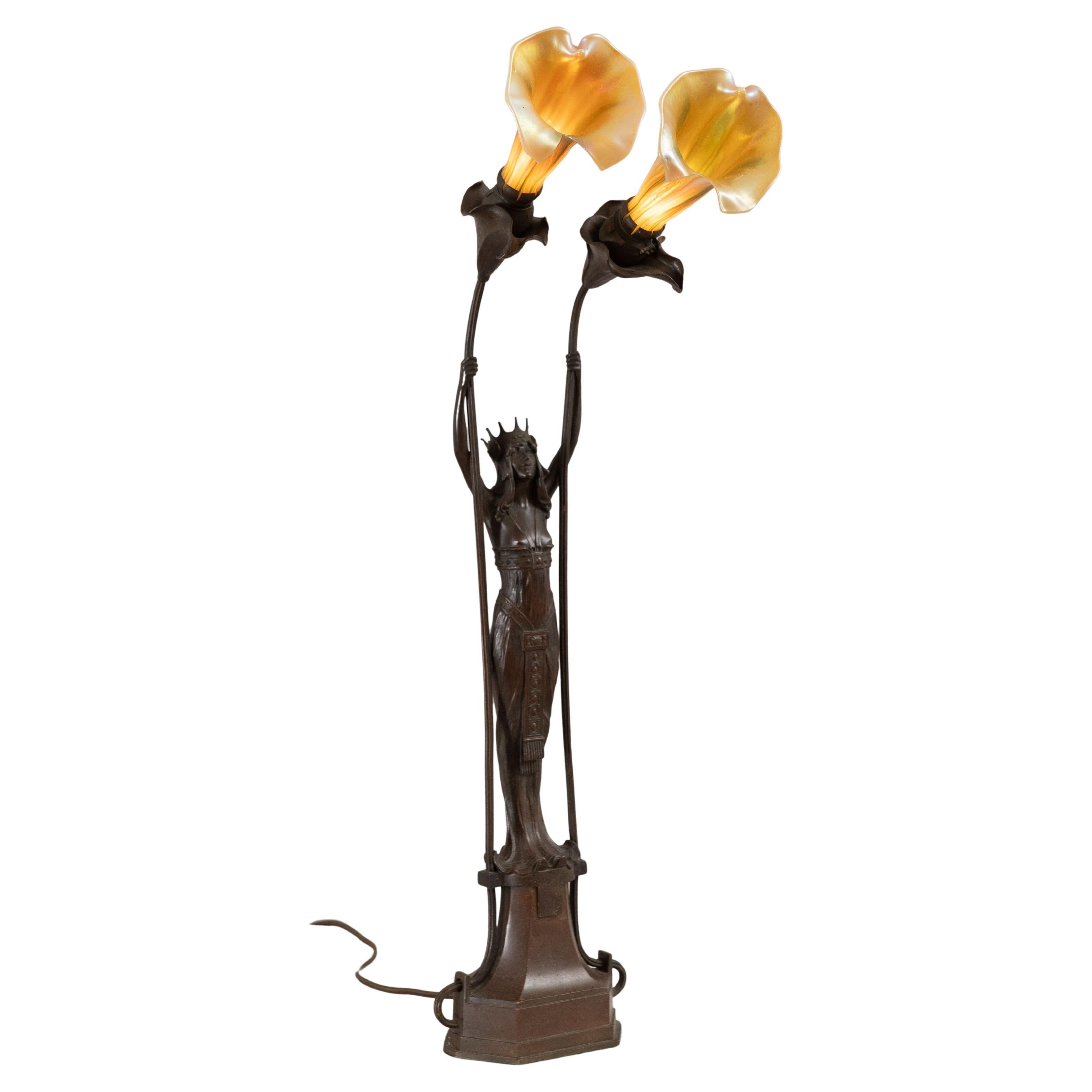 Vienna Secessionist Figural Lamp, Maiden w/Crown Holding 2 Art Glass Shades 1910