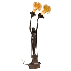 Vienna Secessionist Figural Lamp, Maiden w/Crown Holding 2 Art Glass Shades 1910