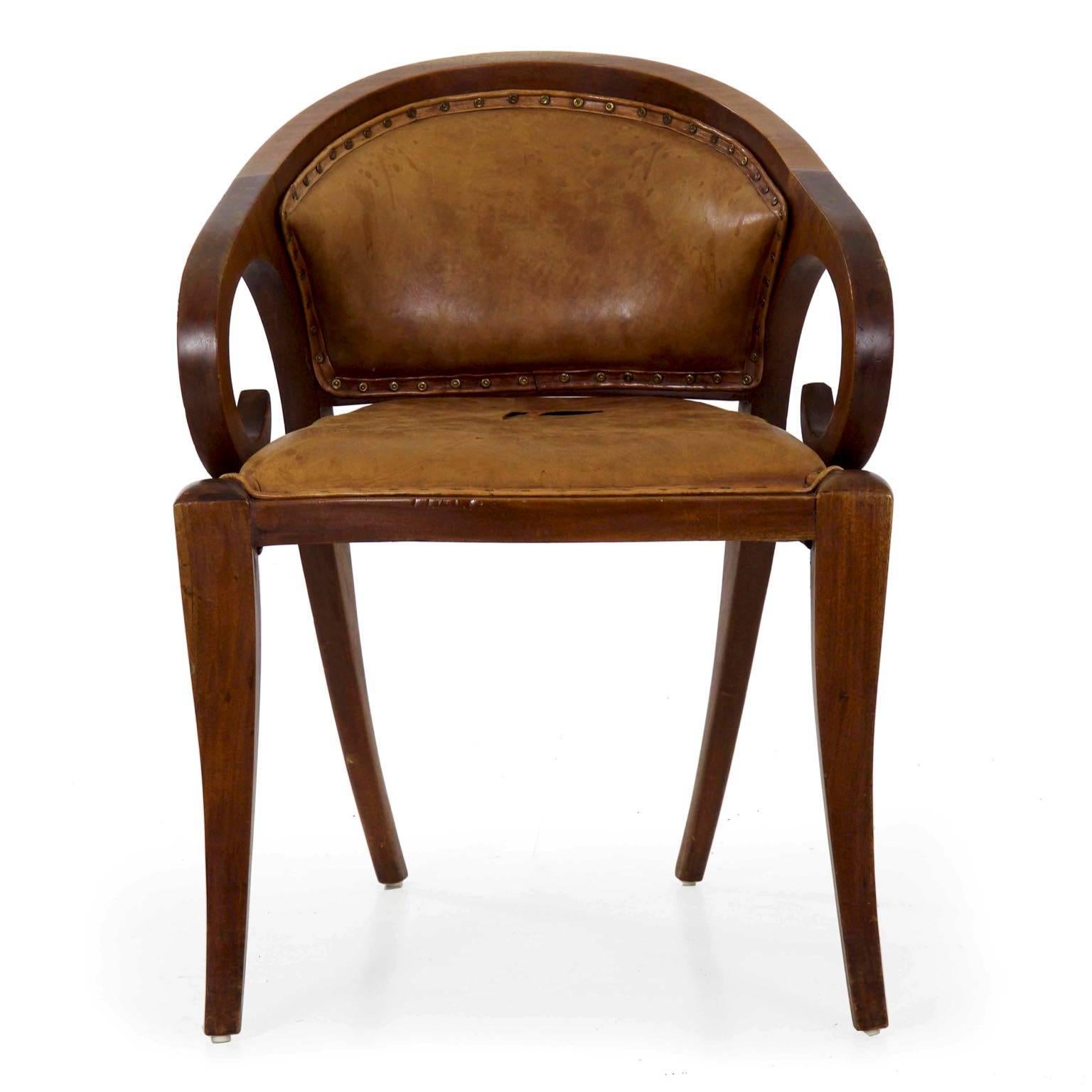 Austrian Vienna Secessionist Scrolled Mahogany and Leather Armchair, circa 1910