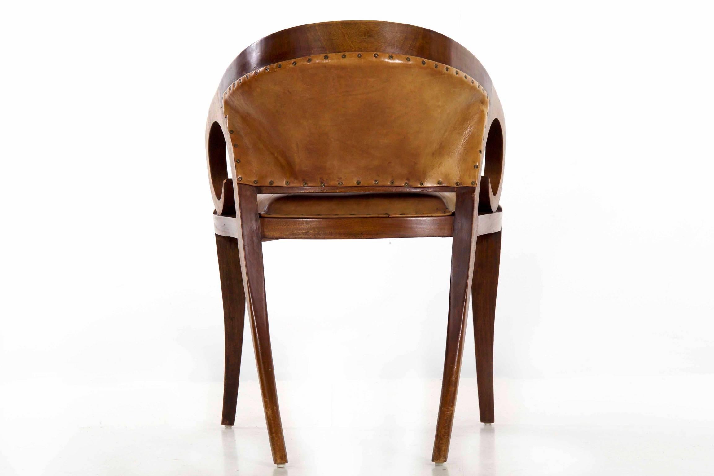 Early 20th Century Vienna Secessionist Scrolled Mahogany and Leather Armchair, circa 1910