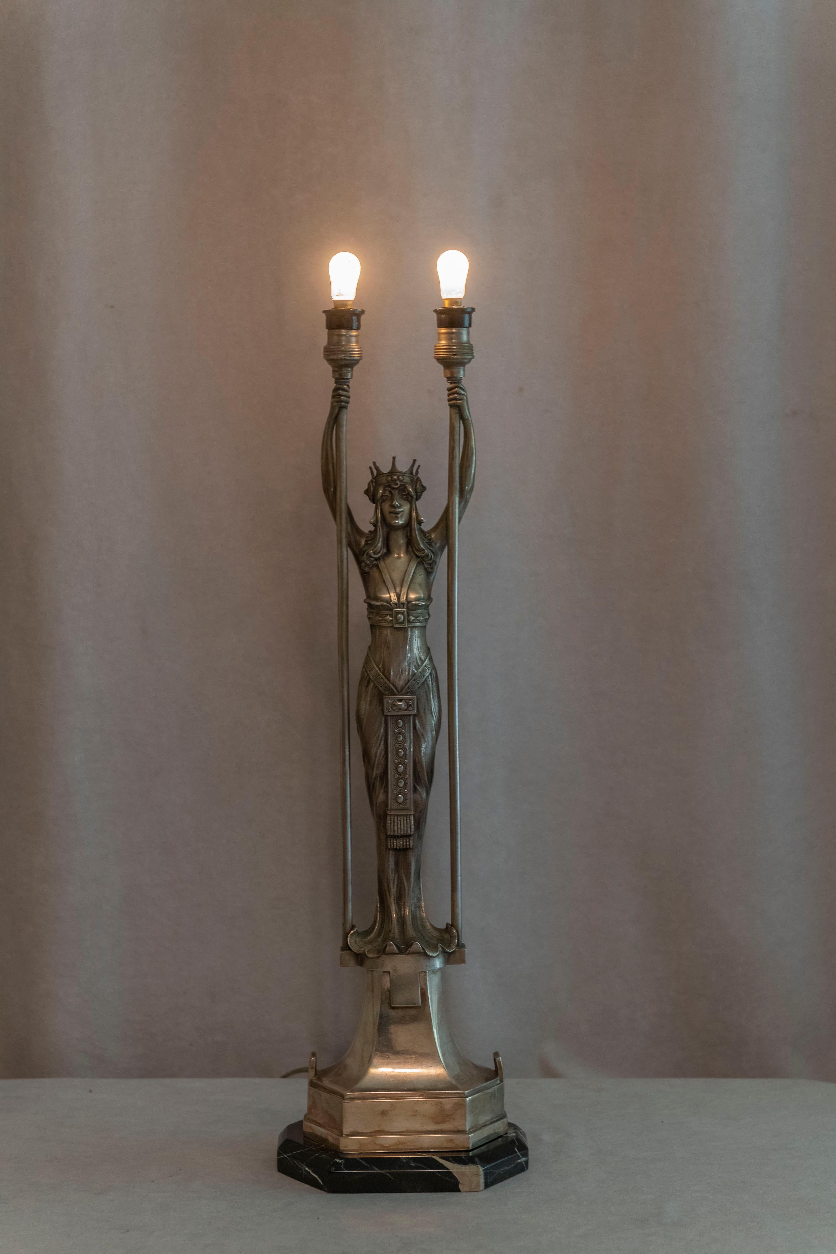 Vienna Secessionist Silvered Bronze Young Woman w/Crown Holding 2 Lights For Sale 4