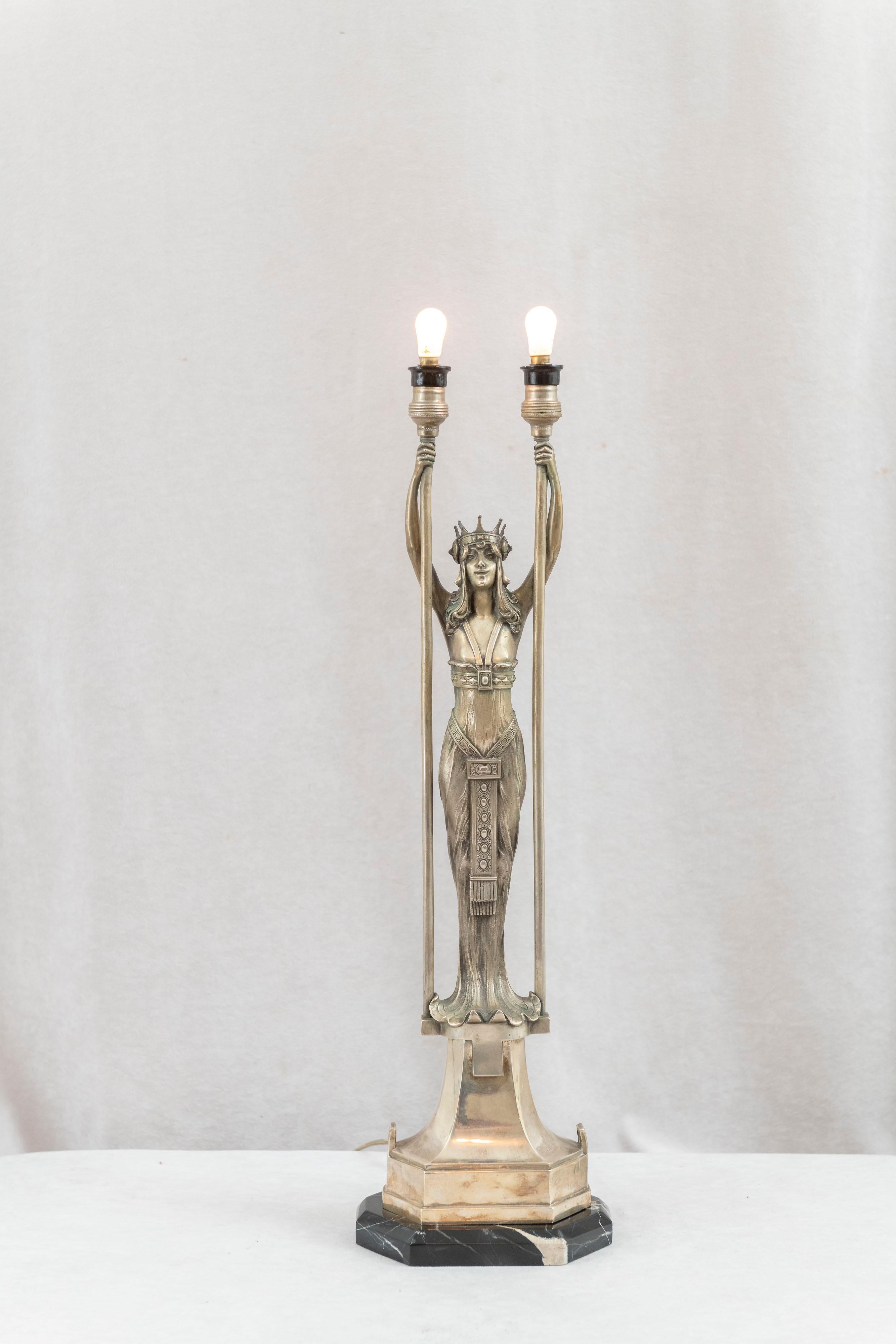 Vienna Secessionist Silvered Bronze Young Woman w/Crown Holding 2 Lights For Sale 5