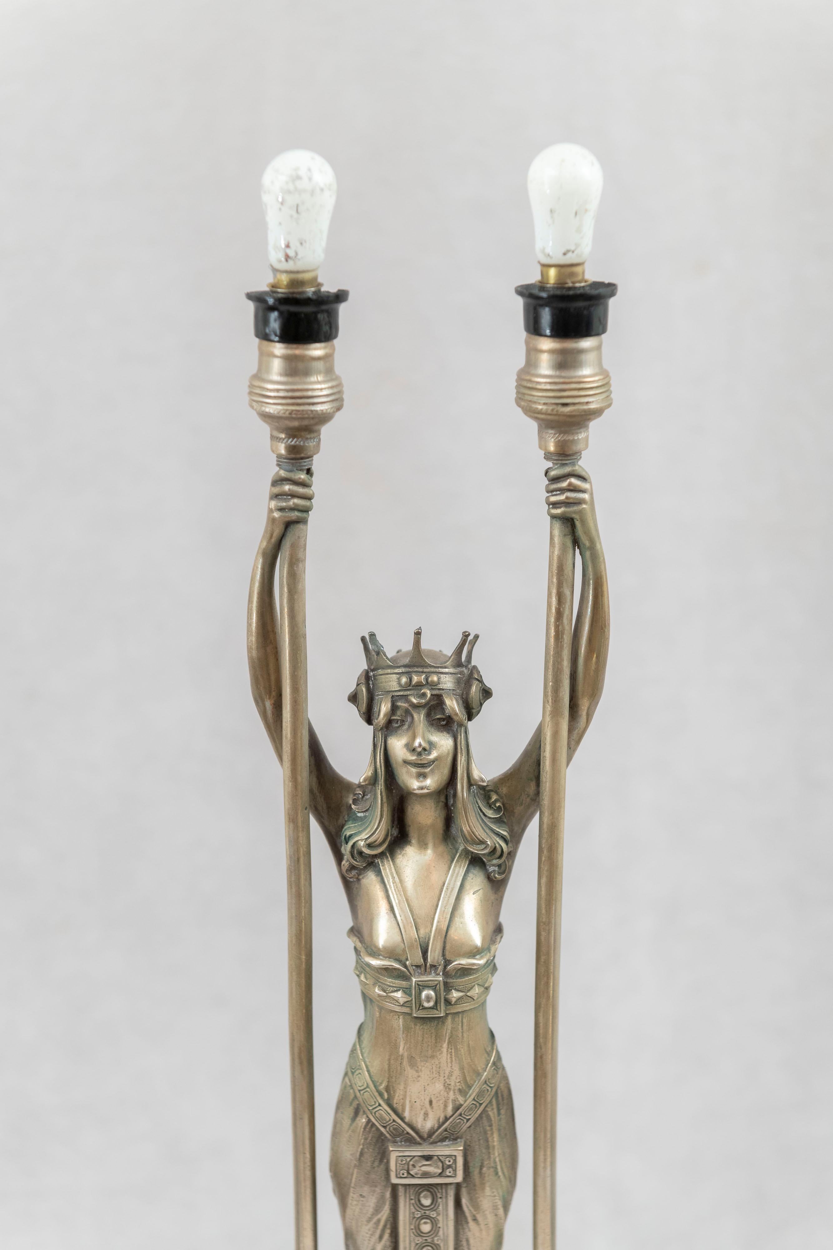 Austrian Vienna Secessionist Silvered Bronze Young Woman w/Crown Holding 2 Lights For Sale