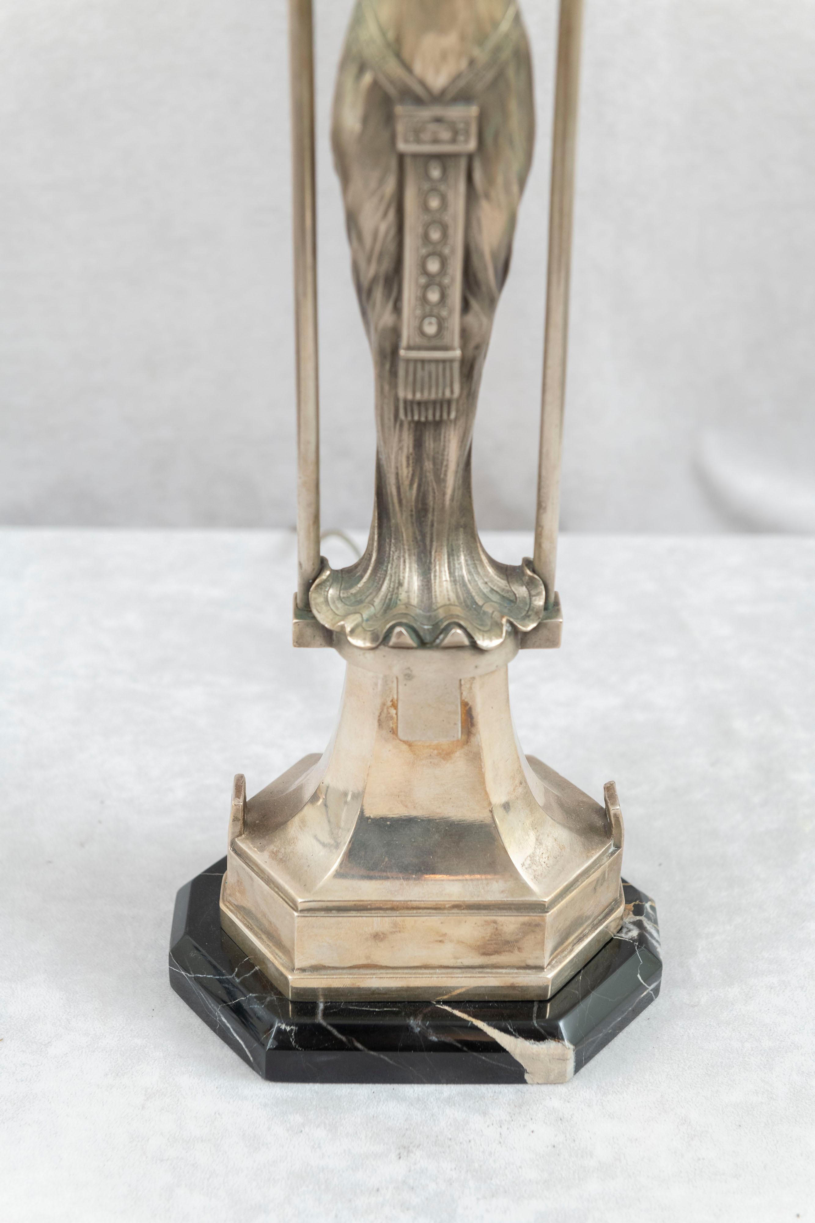 Vienna Secessionist Silvered Bronze Young Woman w/Crown Holding 2 Lights In Good Condition For Sale In Petaluma, CA