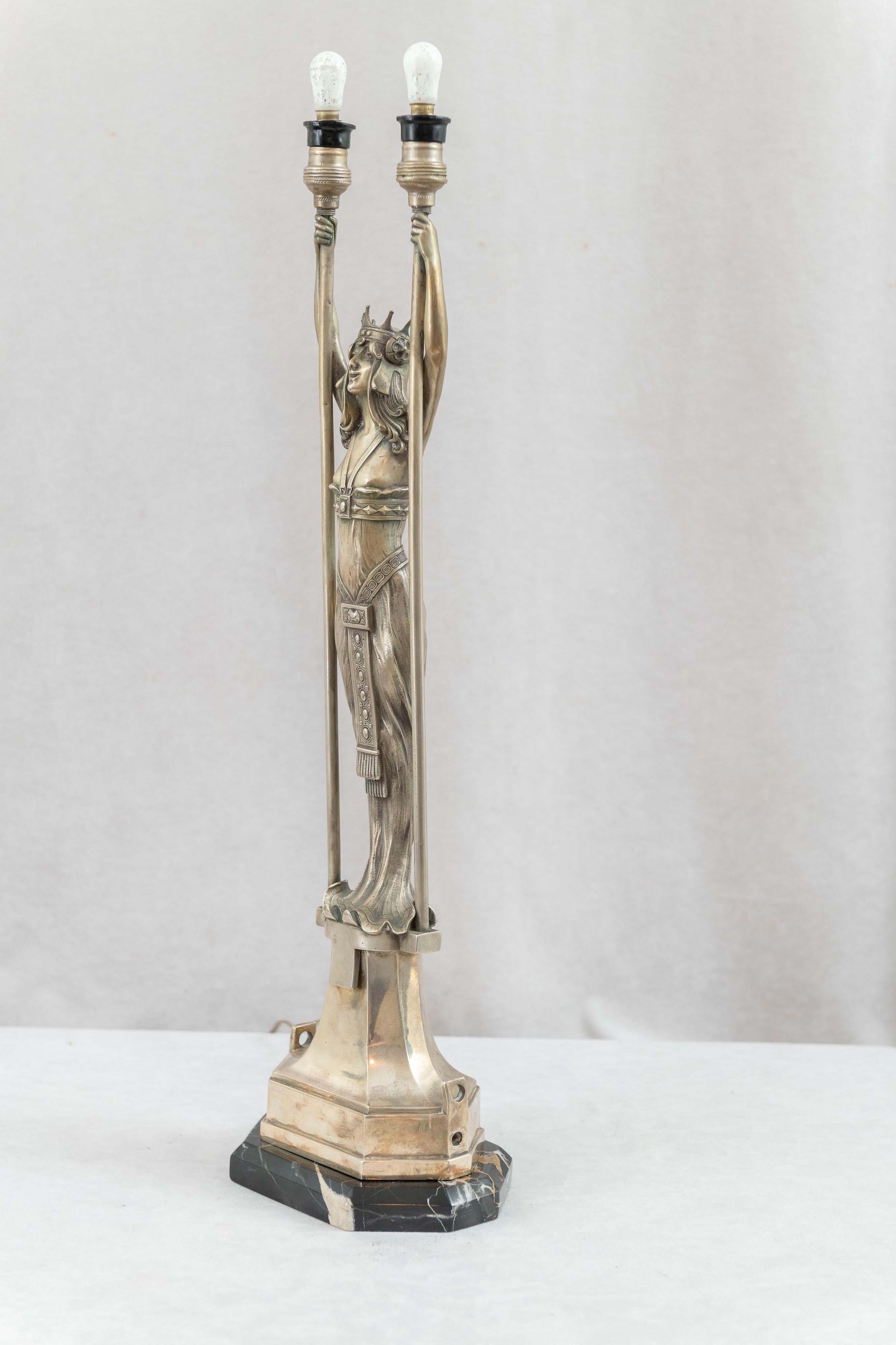 Vienna Secessionist Silvered Bronze Young Woman w/Crown Holding 2 Lights For Sale 1